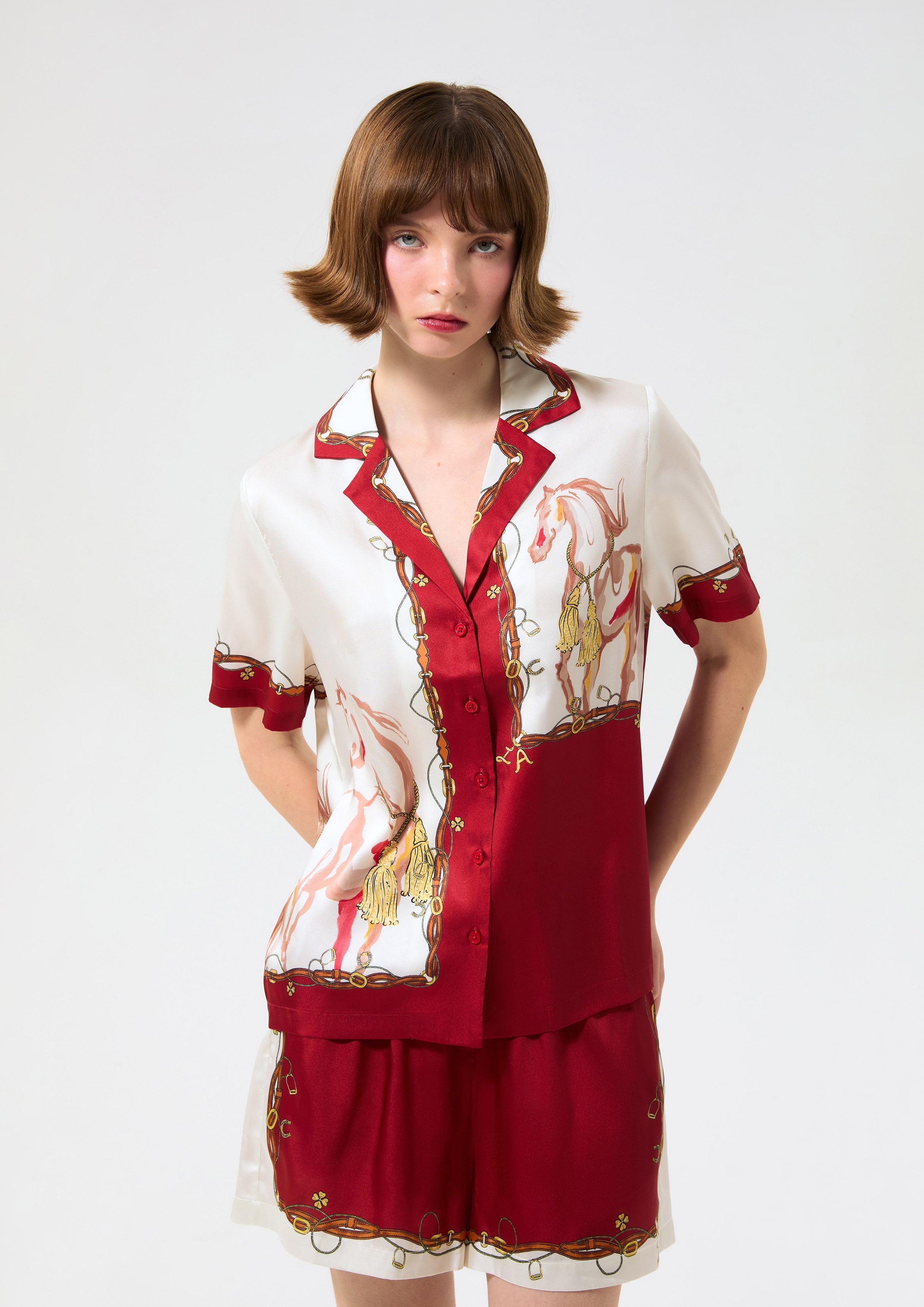 Print Short Sleeve Satin Shirt Rouge Luck