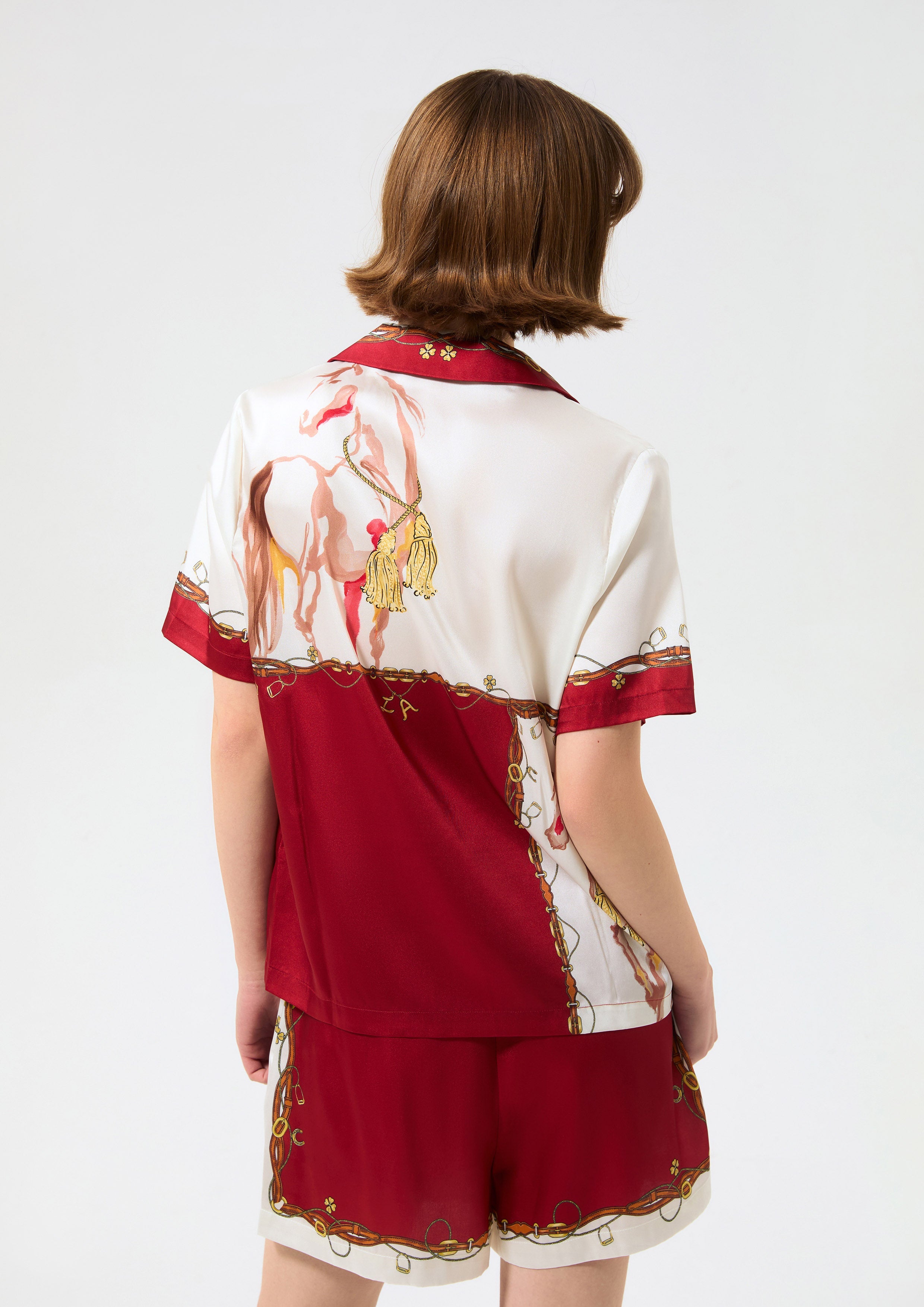 Print Short Sleeve Satin Shirt Rouge Luck