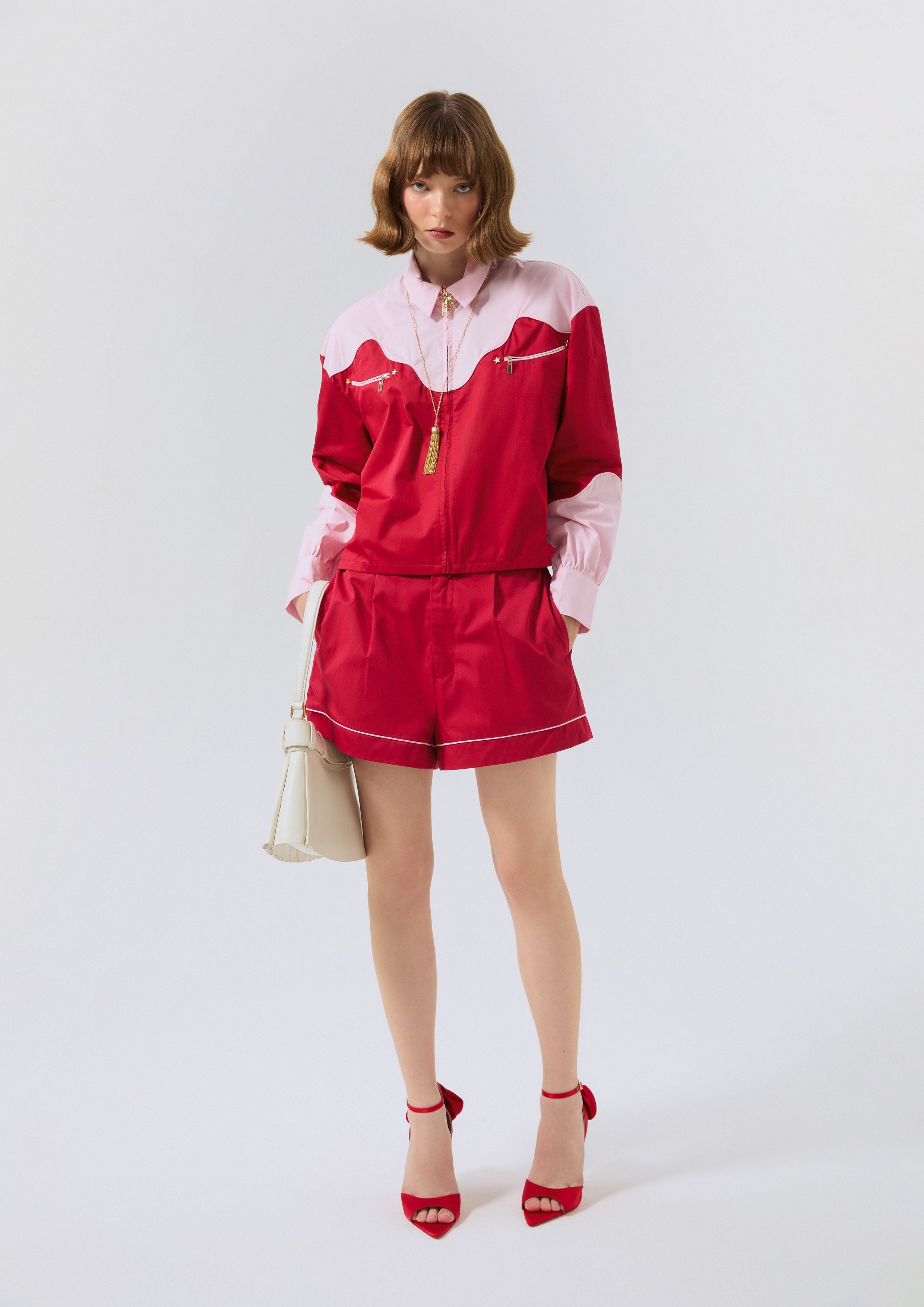 Velvet Panel Zip Up Long Sleeve Shirt Rouge Luck