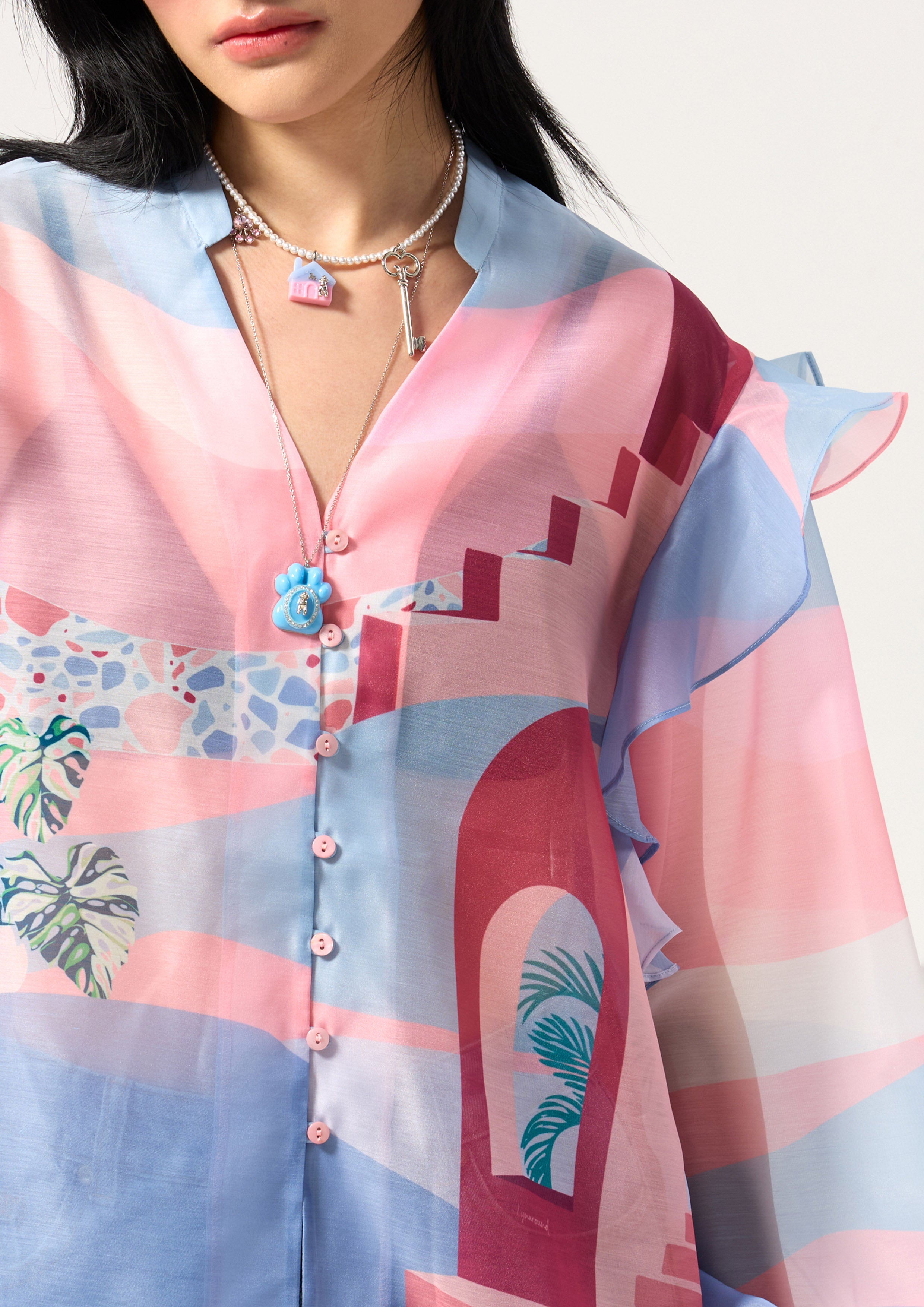 Print Sheer Long Sleeve Blouse Neon Dreams