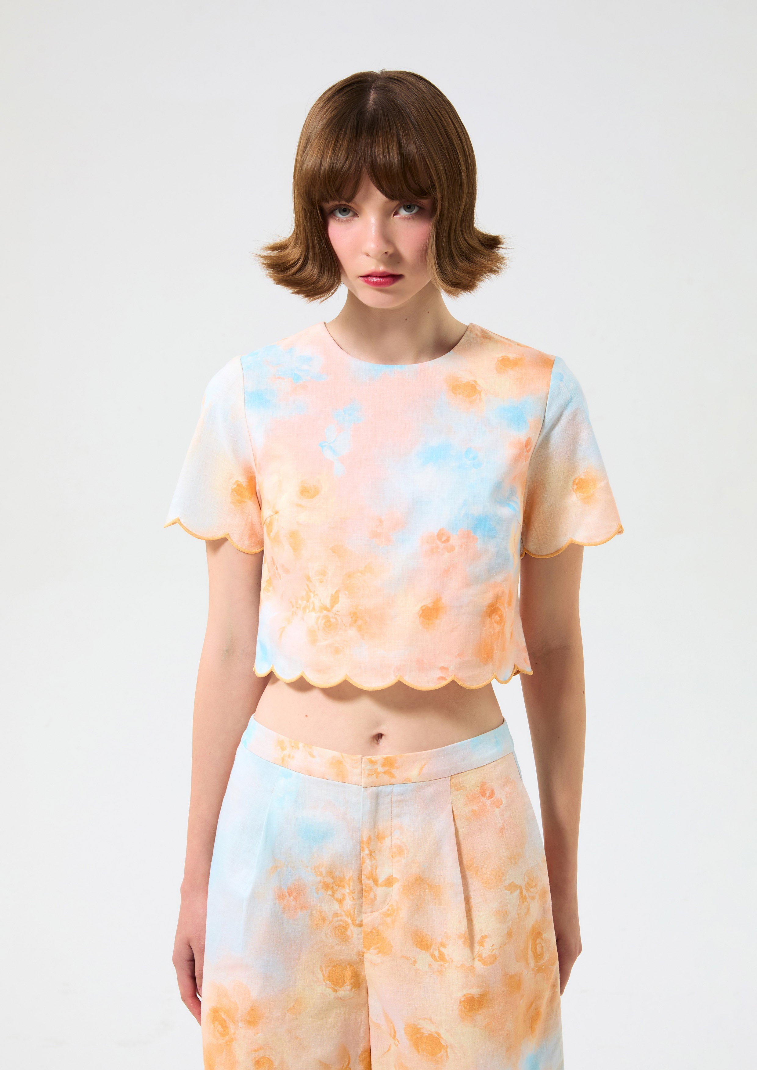 Print Scallop Top Rosewood Fleur