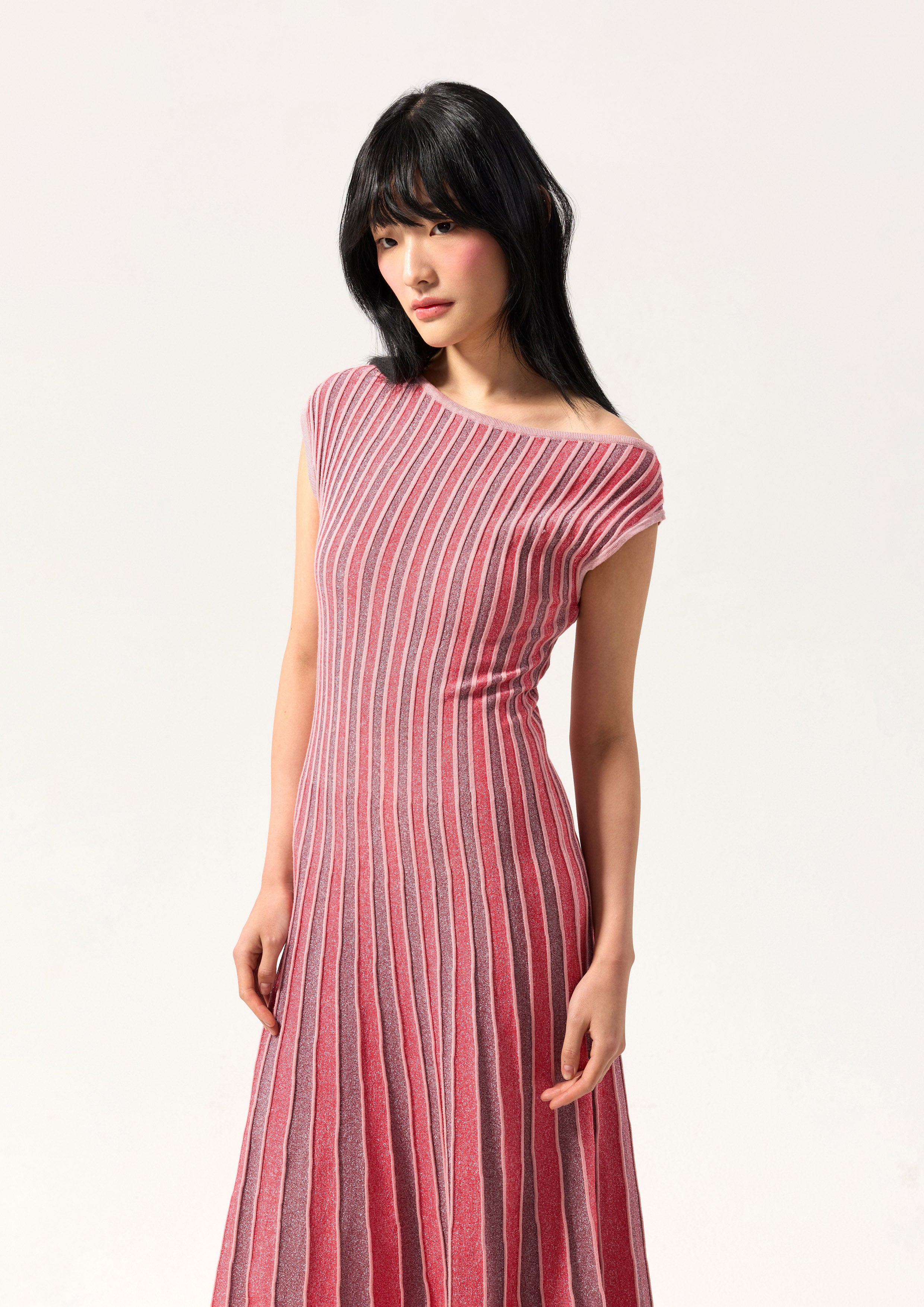 Stripe Pleated Skirt Midi Dress Rouge Luck
