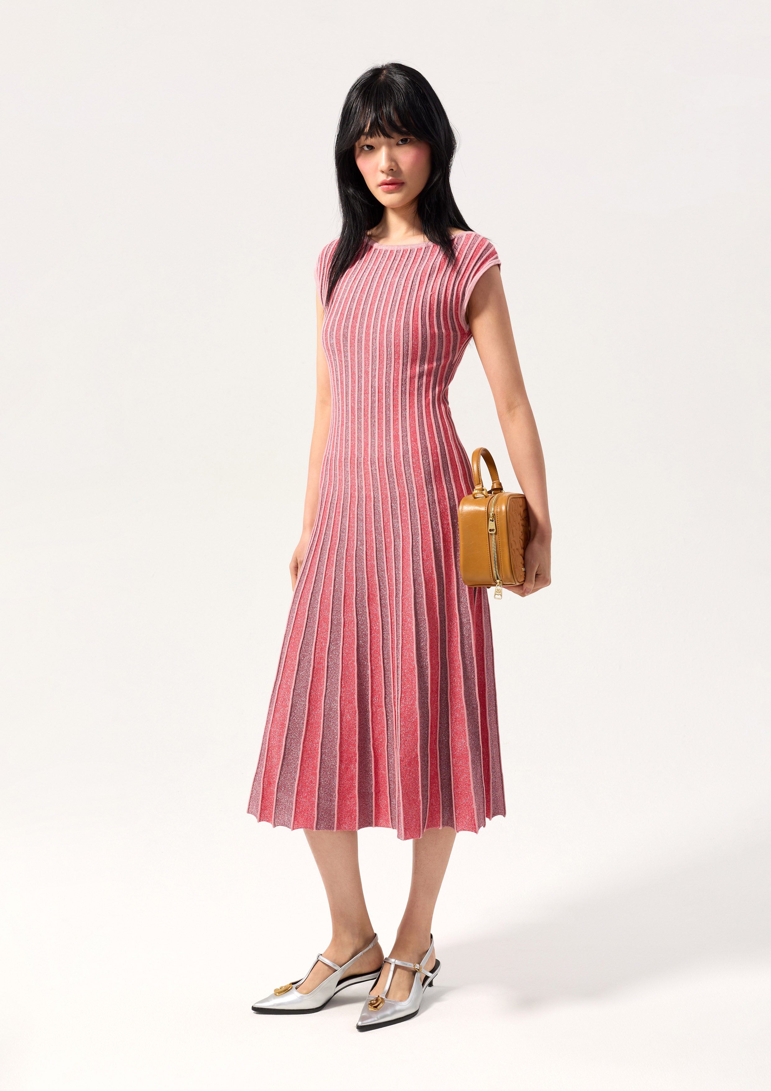 Stripe Pleated Skirt Midi Dress Rouge Luck