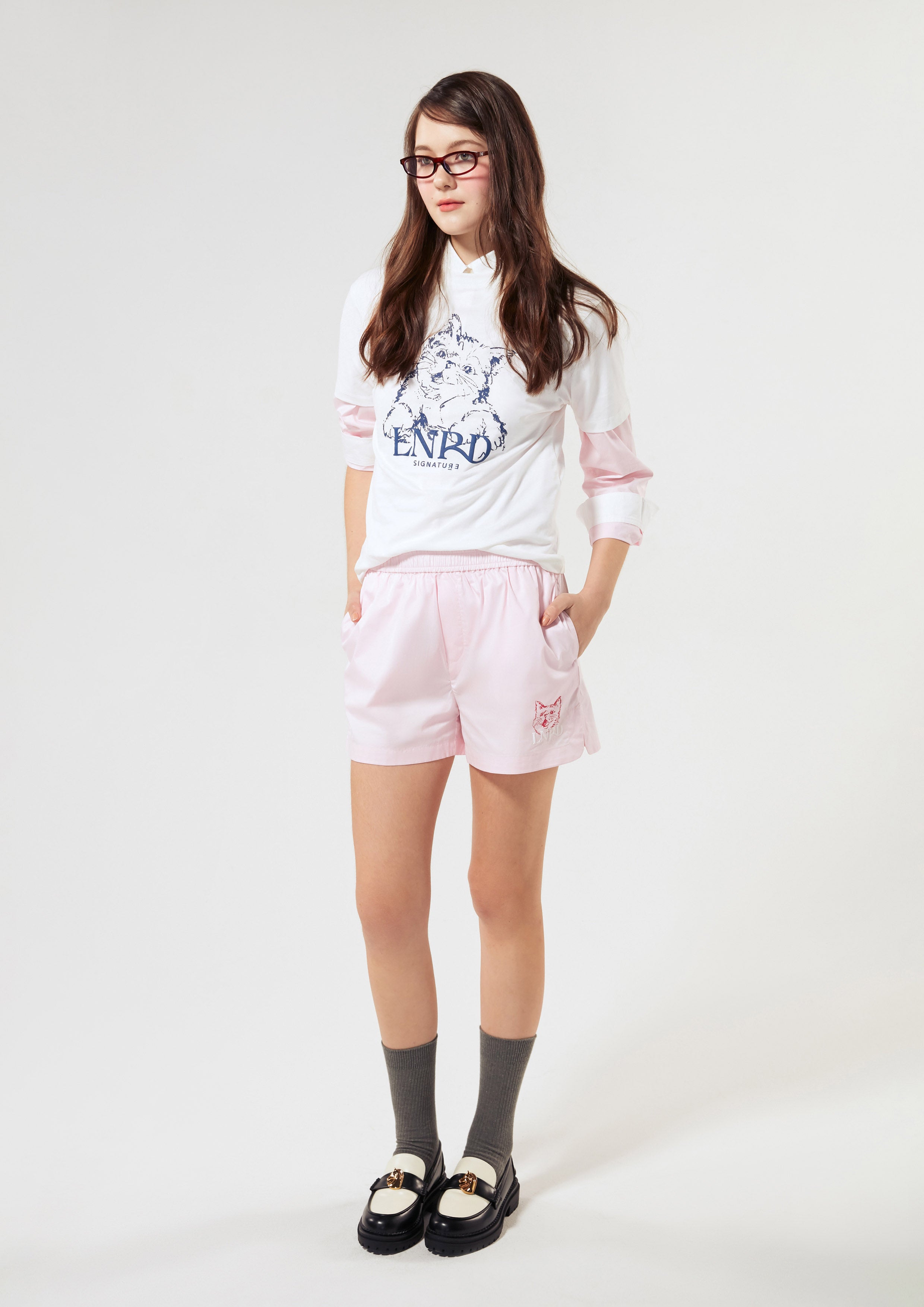 Cat Print With Logo Embroidery Nylon Shorts Signature