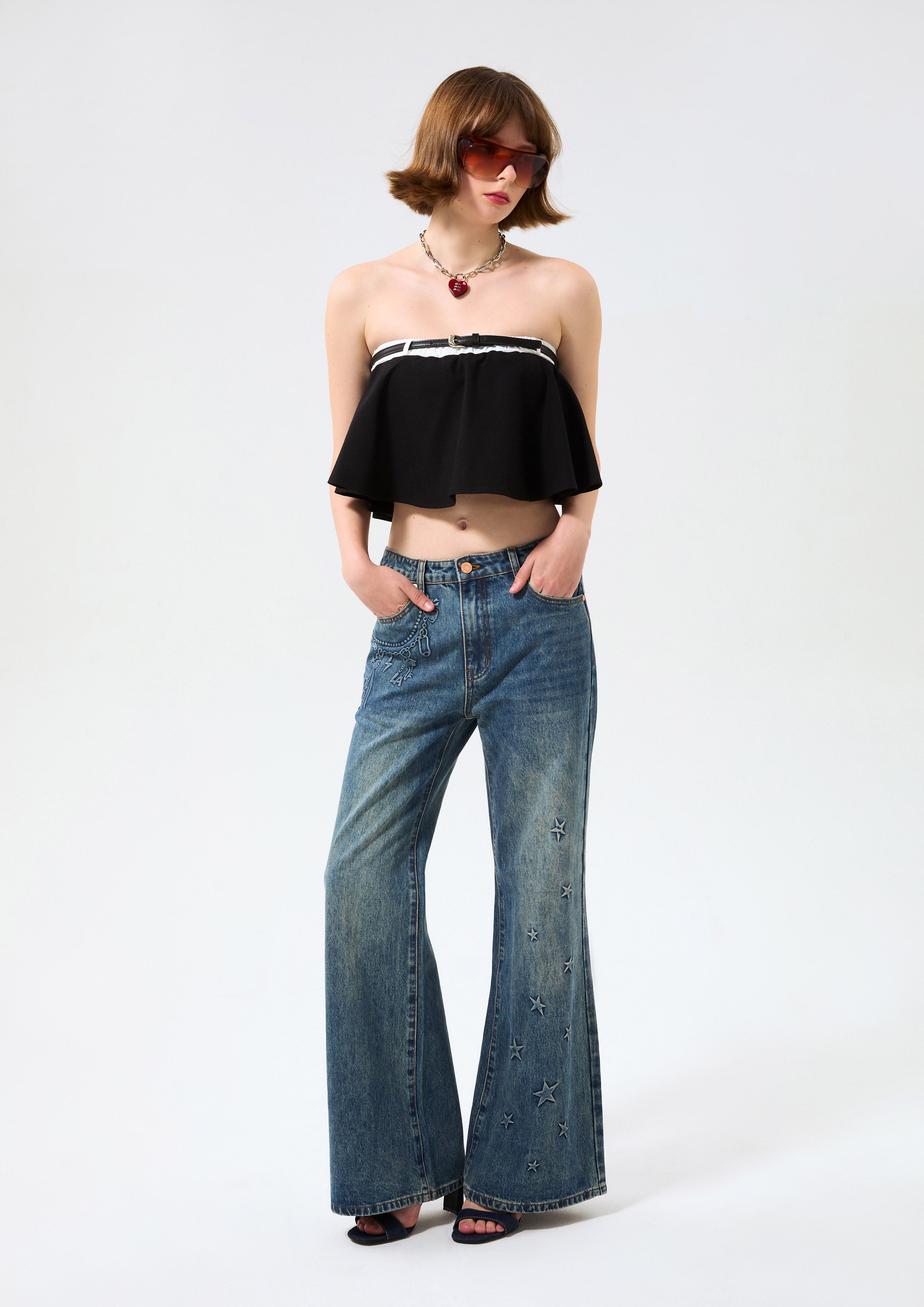 กางเกงเดนิมขายาวสีเฟดทรงบูทคัต คอลเลกชัน Basic Denim