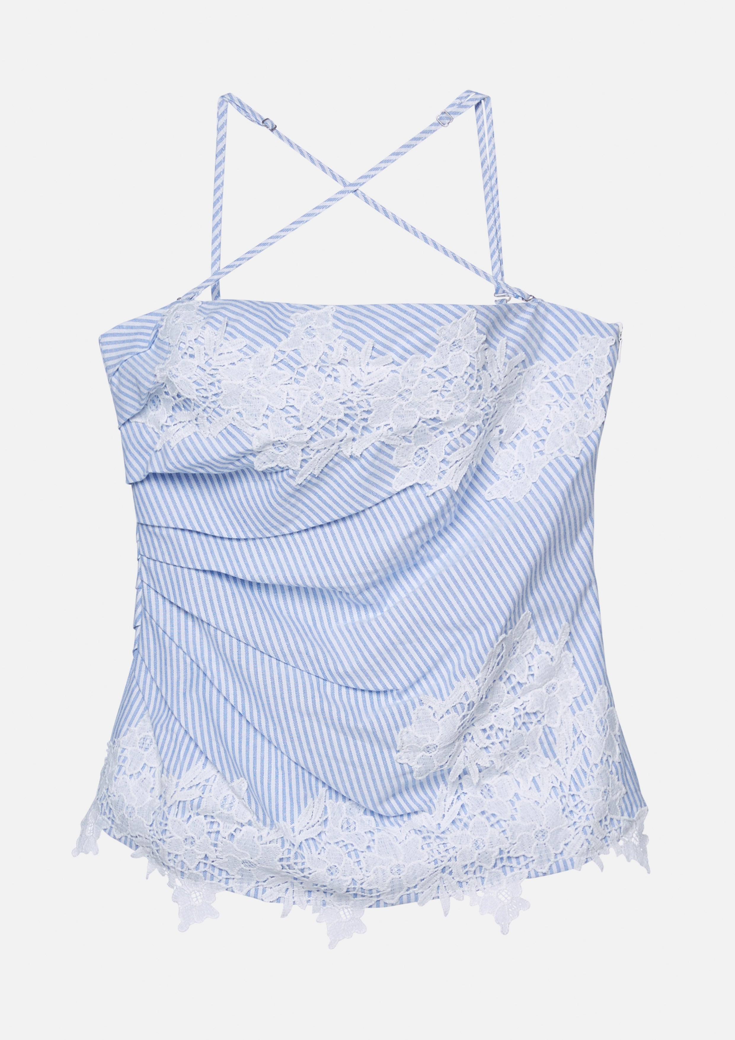 เสื้อสายเดี่ยวลายทางแซมผ้าลูกไม้