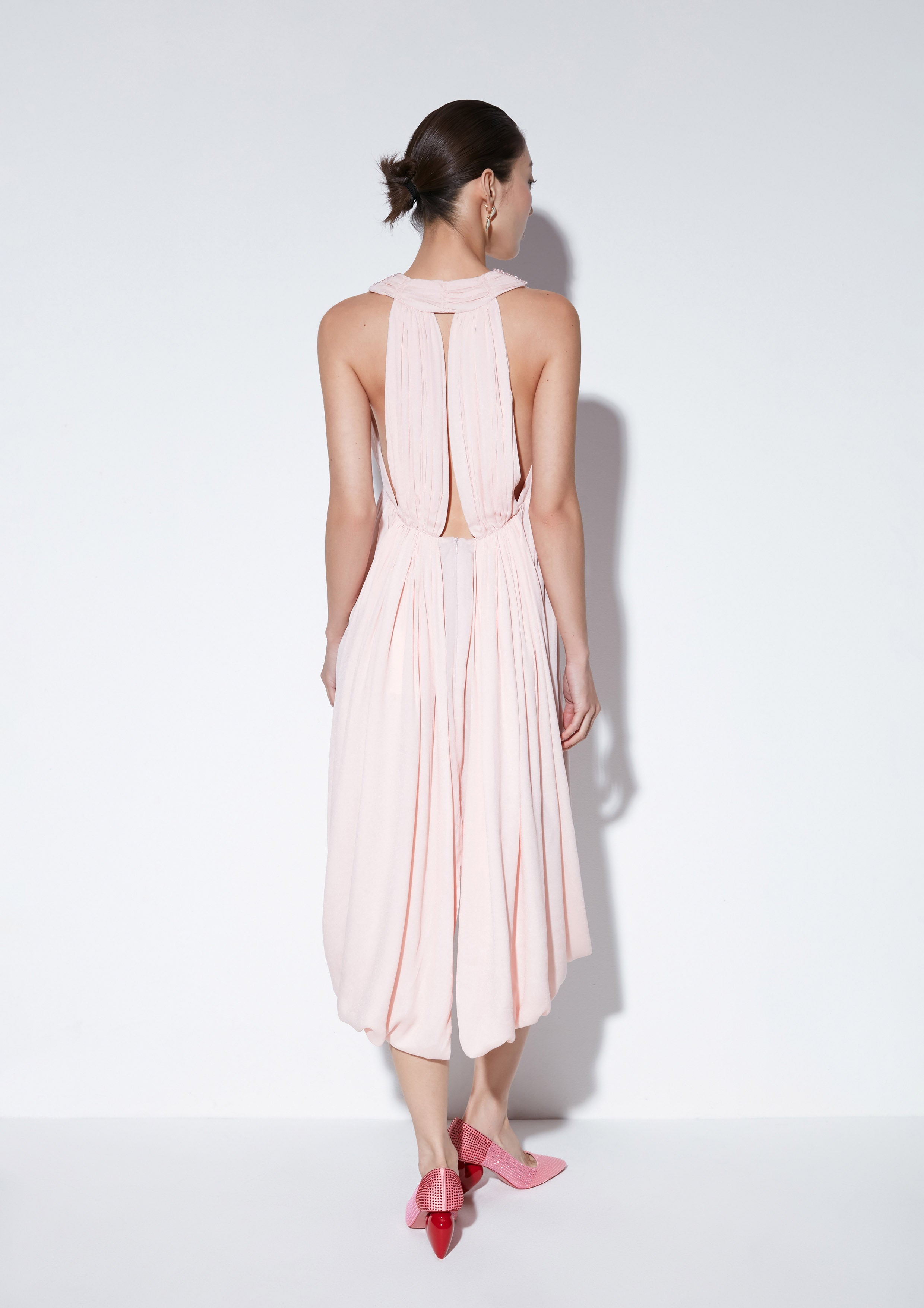 gathered skirt midi dress Shiny midi dress with gathered skirt :: LICHI