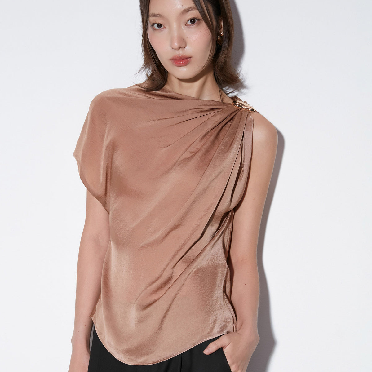 Create Your Signature Look with Drape Shoulder Satin Top The Icon 