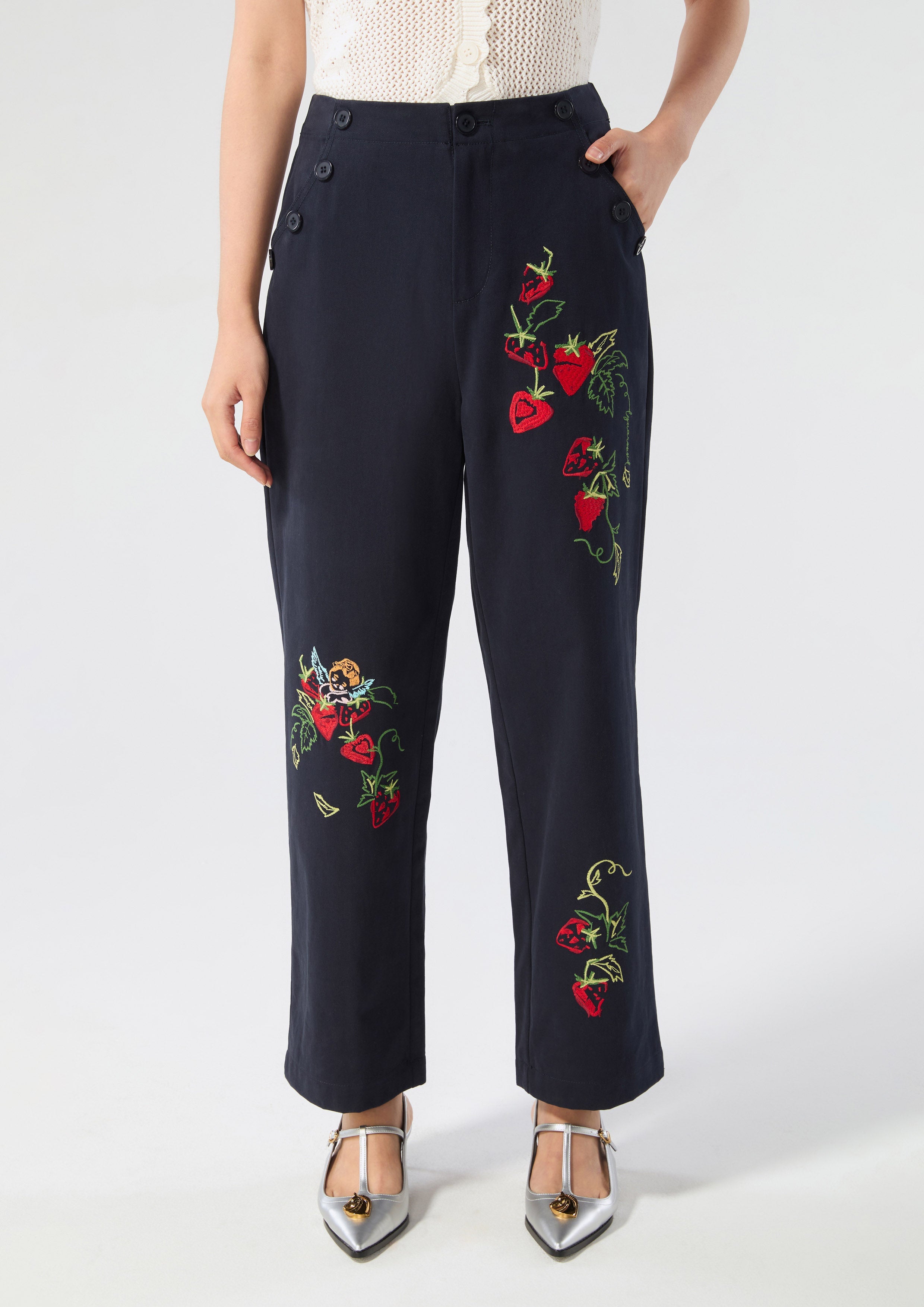 กางเกงขายาวเอวสูงปักลาย คอลเลกชัน Cruise to the Full Bloom