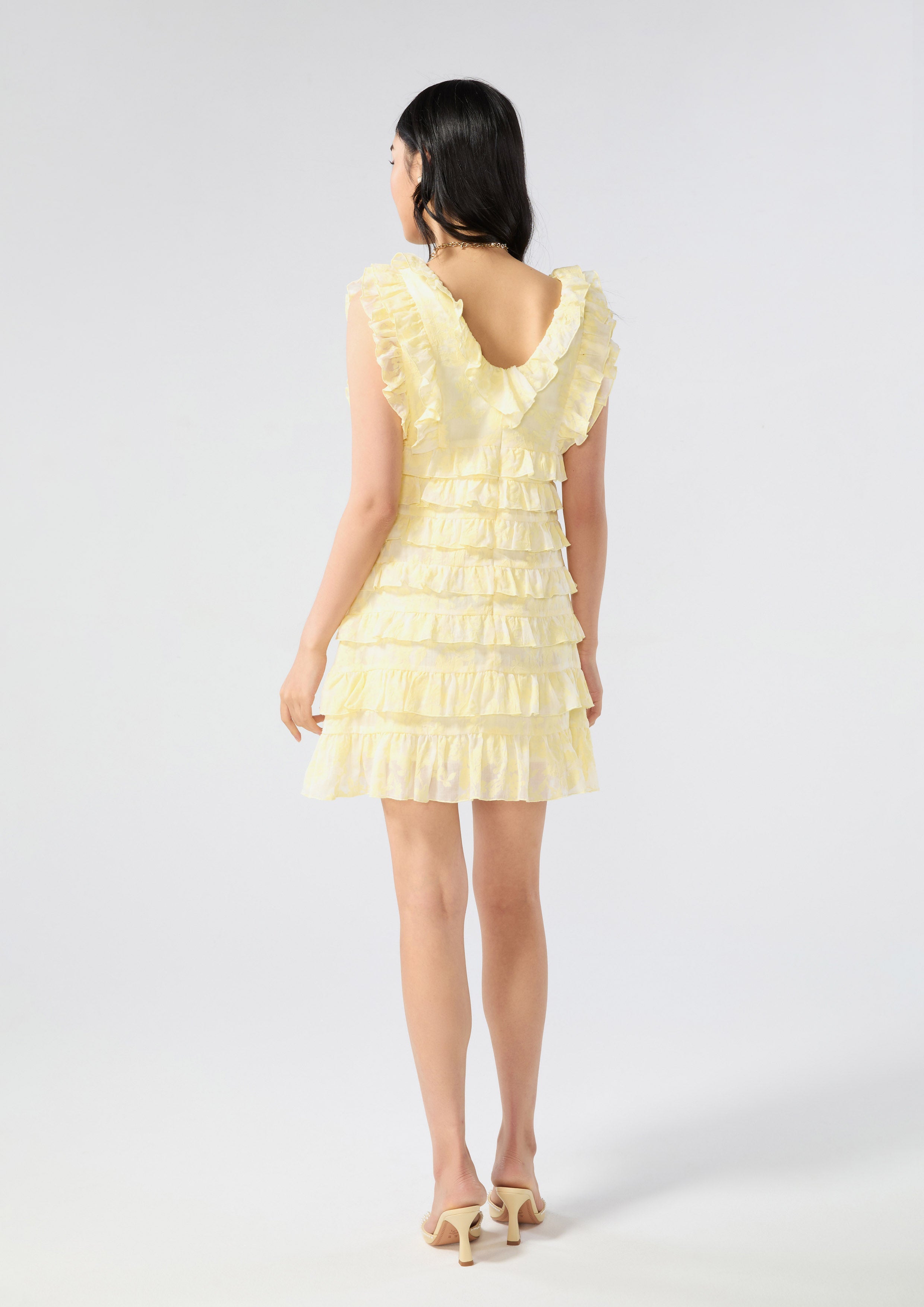 เดรสสั้นผ้ารัฟเฟิลแต่งโบ คอลเลกชัน Blossom Elegance