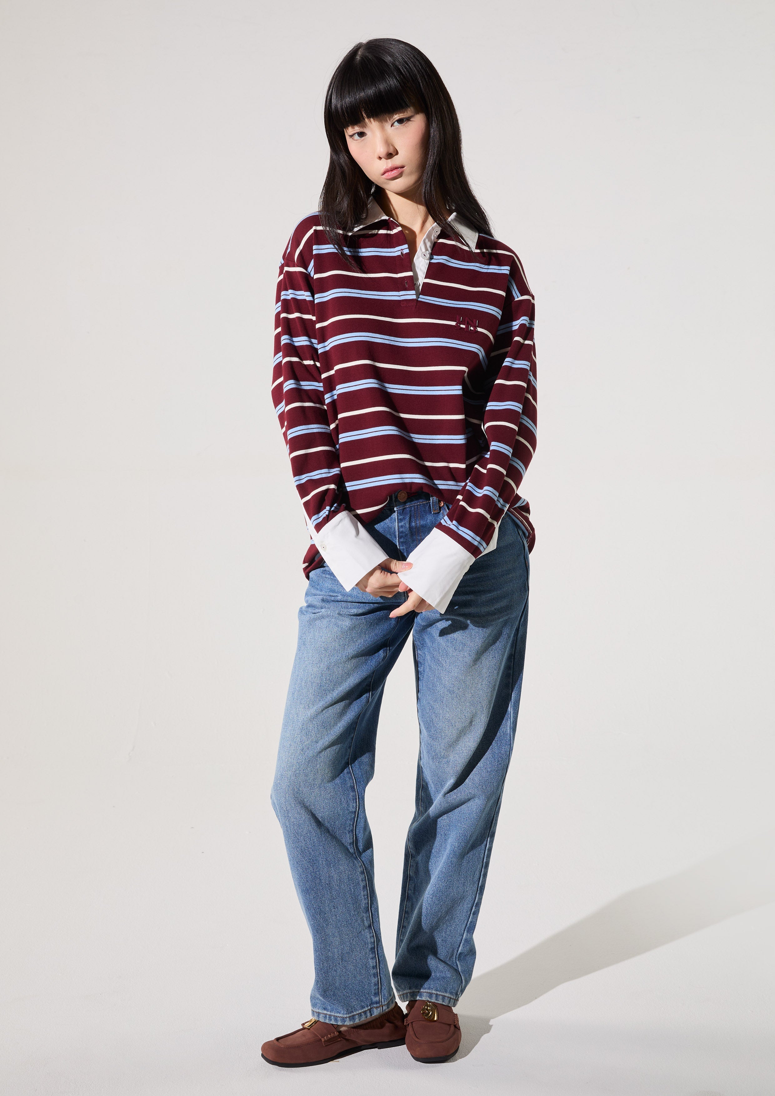Stripe Long Sleeve Polo Top Rouge Luck