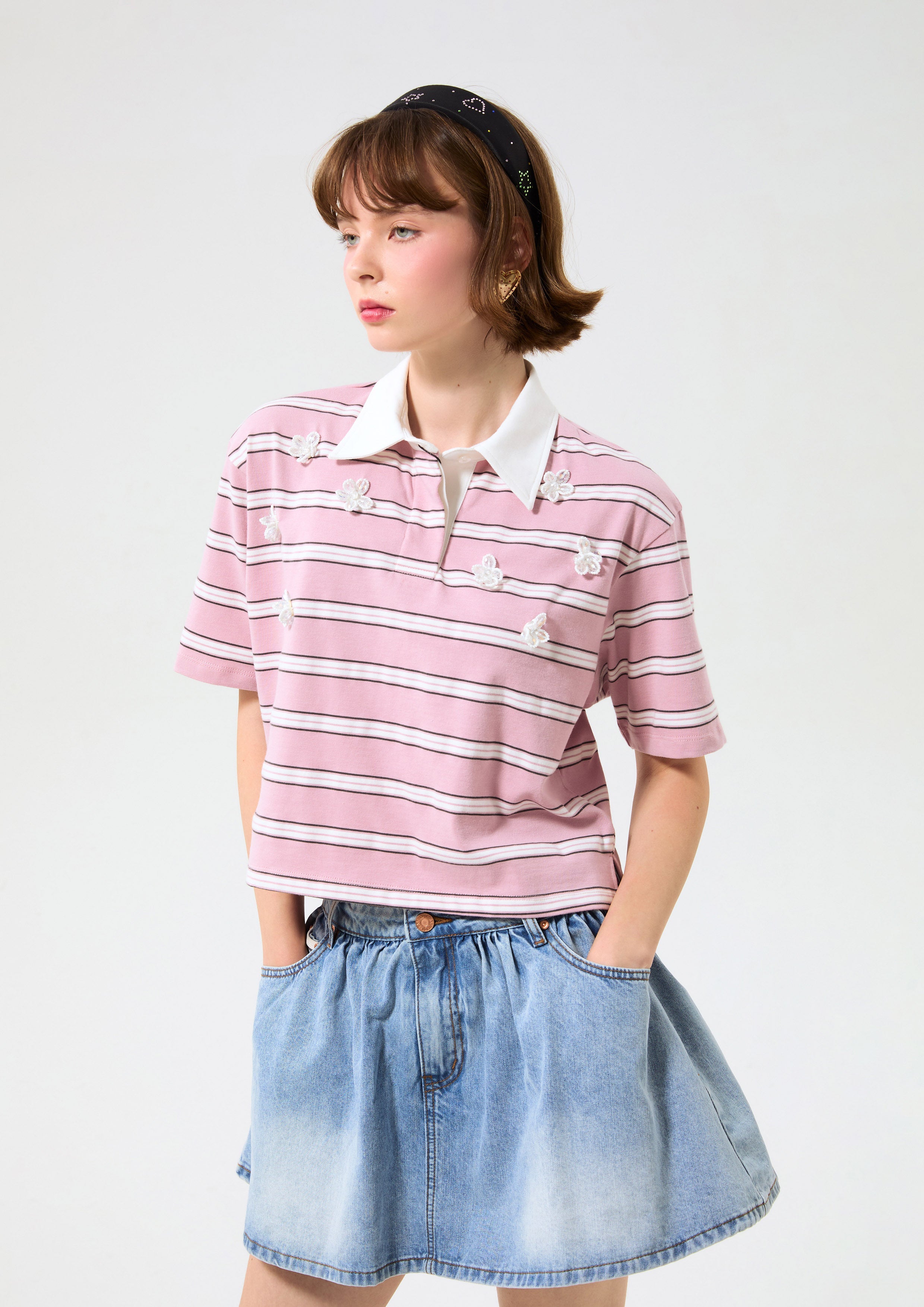 Stripe Floral Embellished Polo T-Shirt Neon Dreams