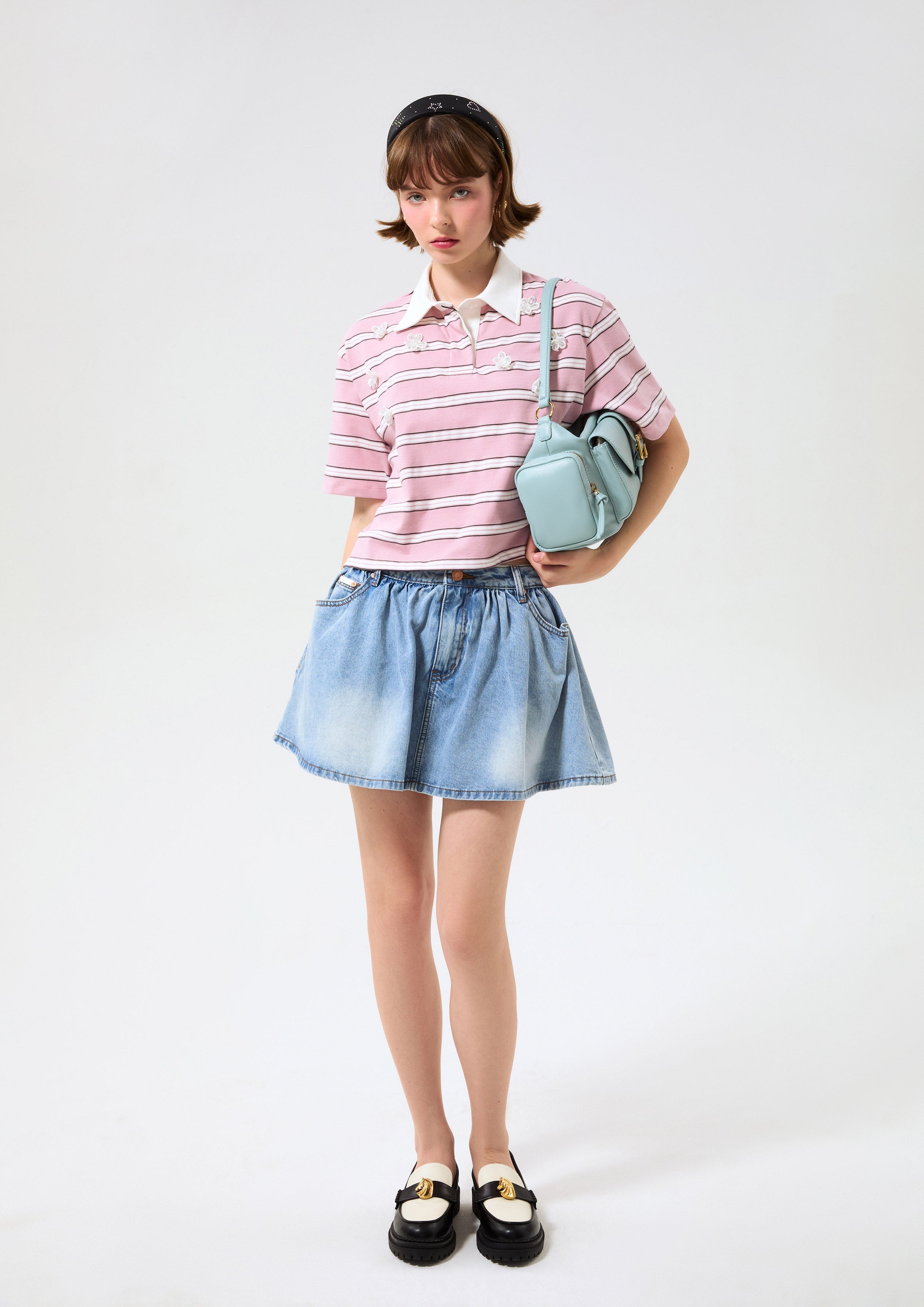 Stripe Floral Embellished Polo T-Shirt Neon Dreams