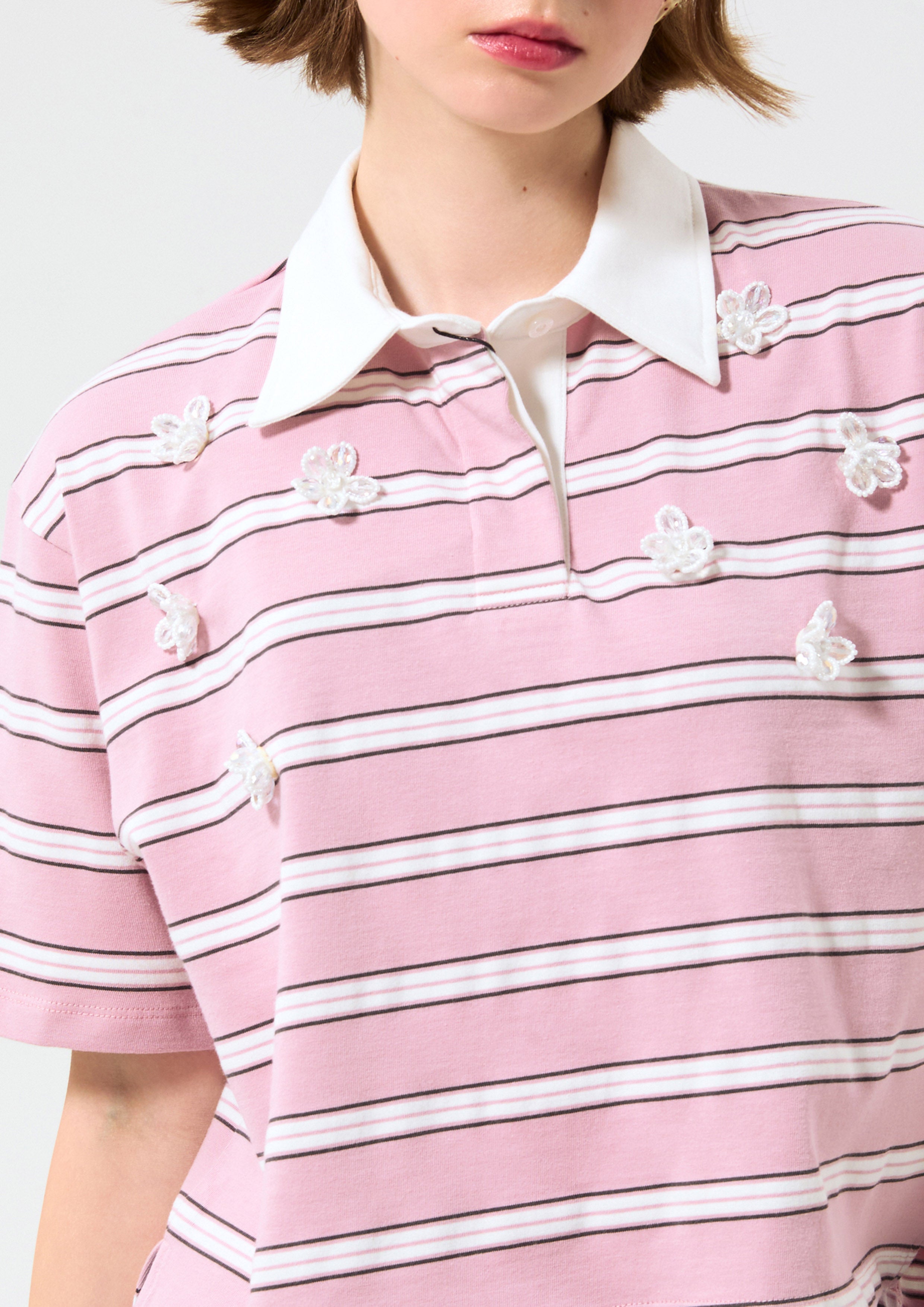 Stripe Floral Embellished Polo T-Shirt Neon Dreams