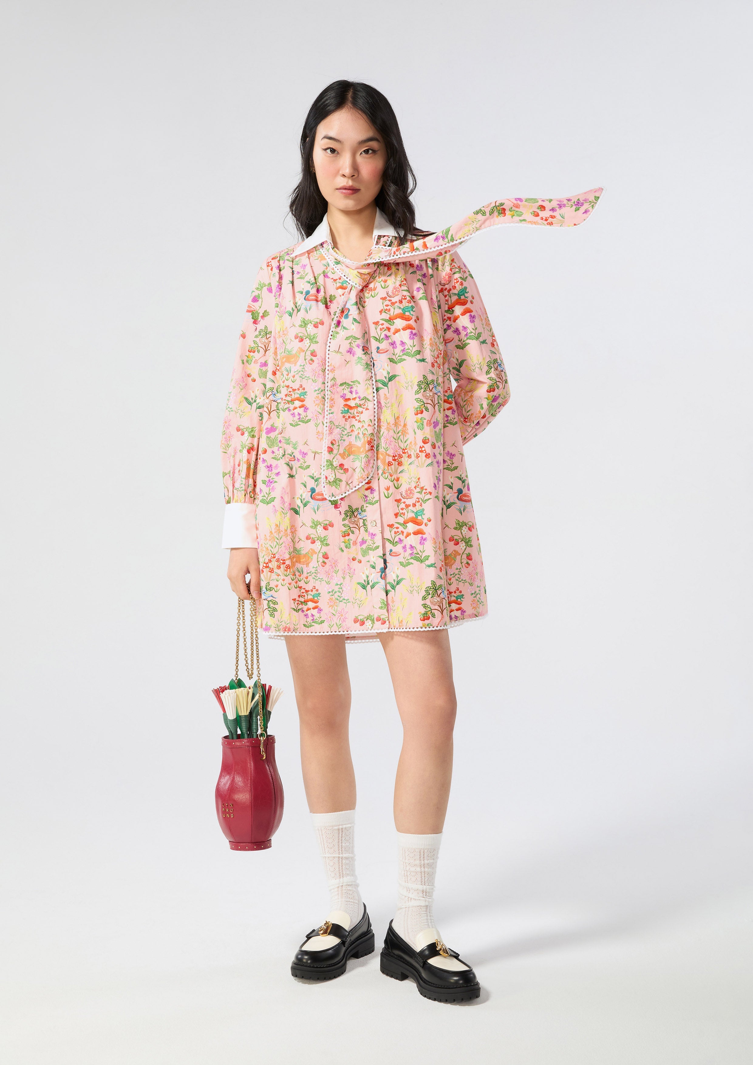 Print Bow Tie Neck Mini Dress Bloom Affair