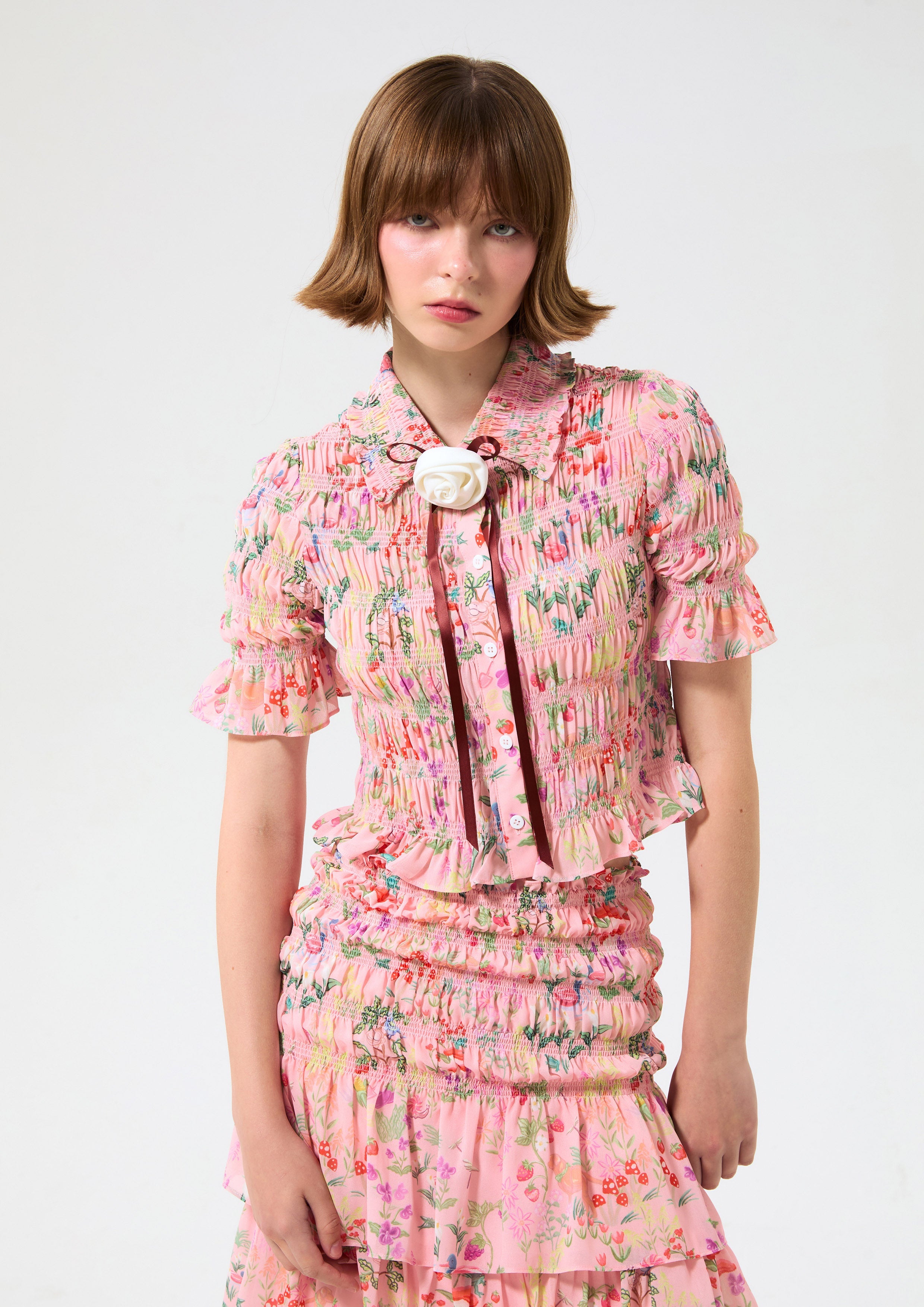 Print Smocked Short Sleeve Top Bloom Affair