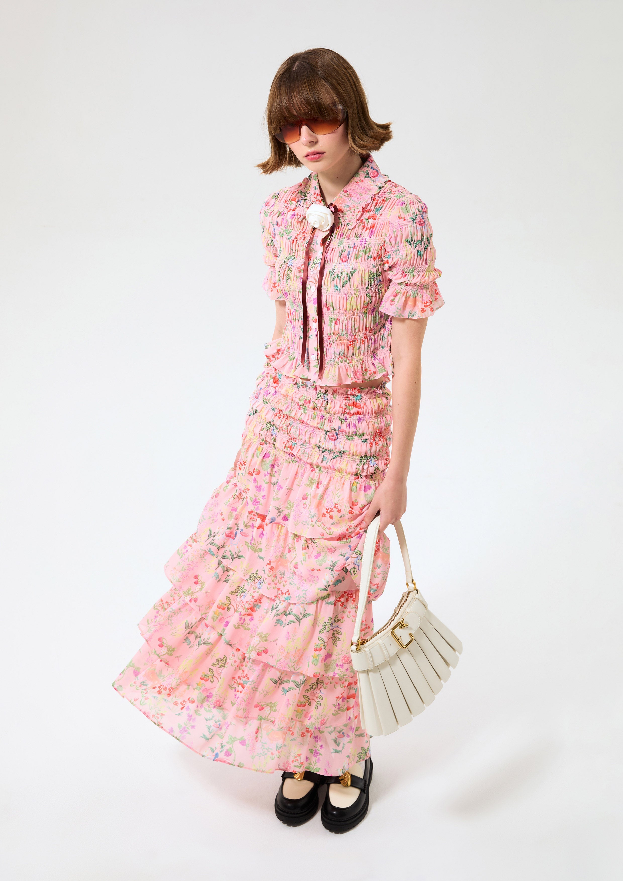 Print Smocked Short Sleeve Top Bloom Affair