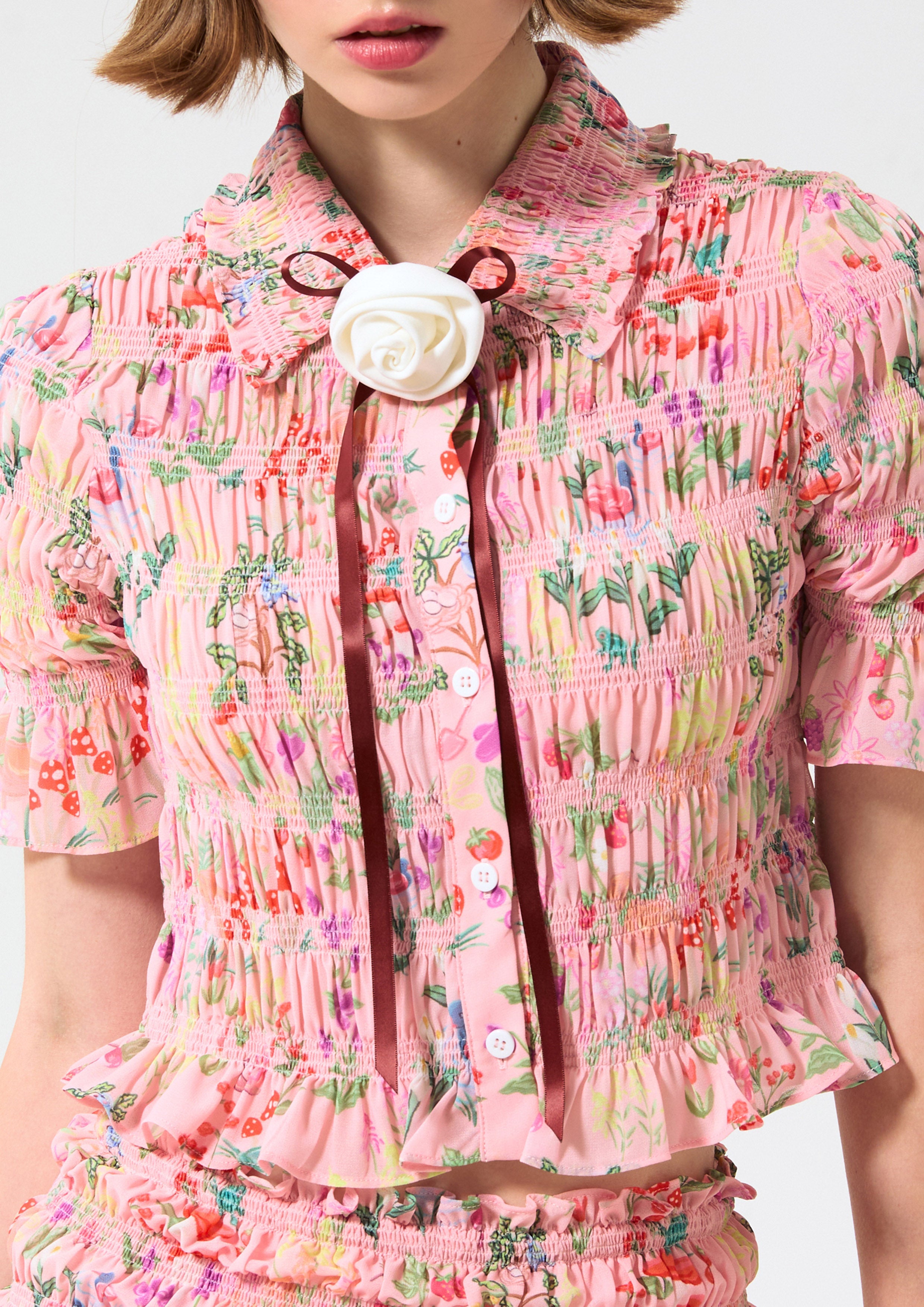 Print Smocked Short Sleeve Top Bloom Affair