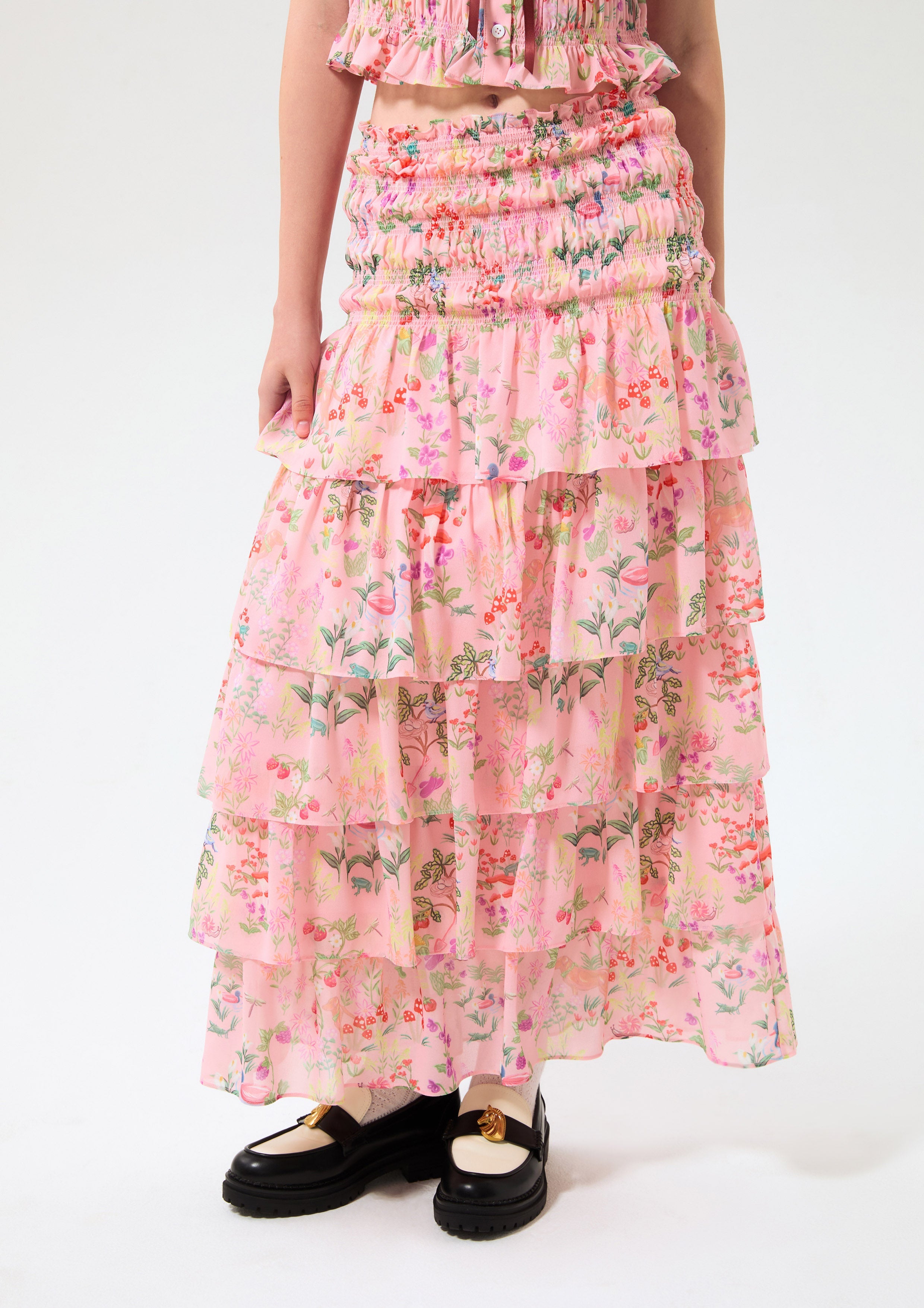 กระโปรงพิมพ์ลายระบายต่อชั้น คอลเลคชัน Bloom Affair