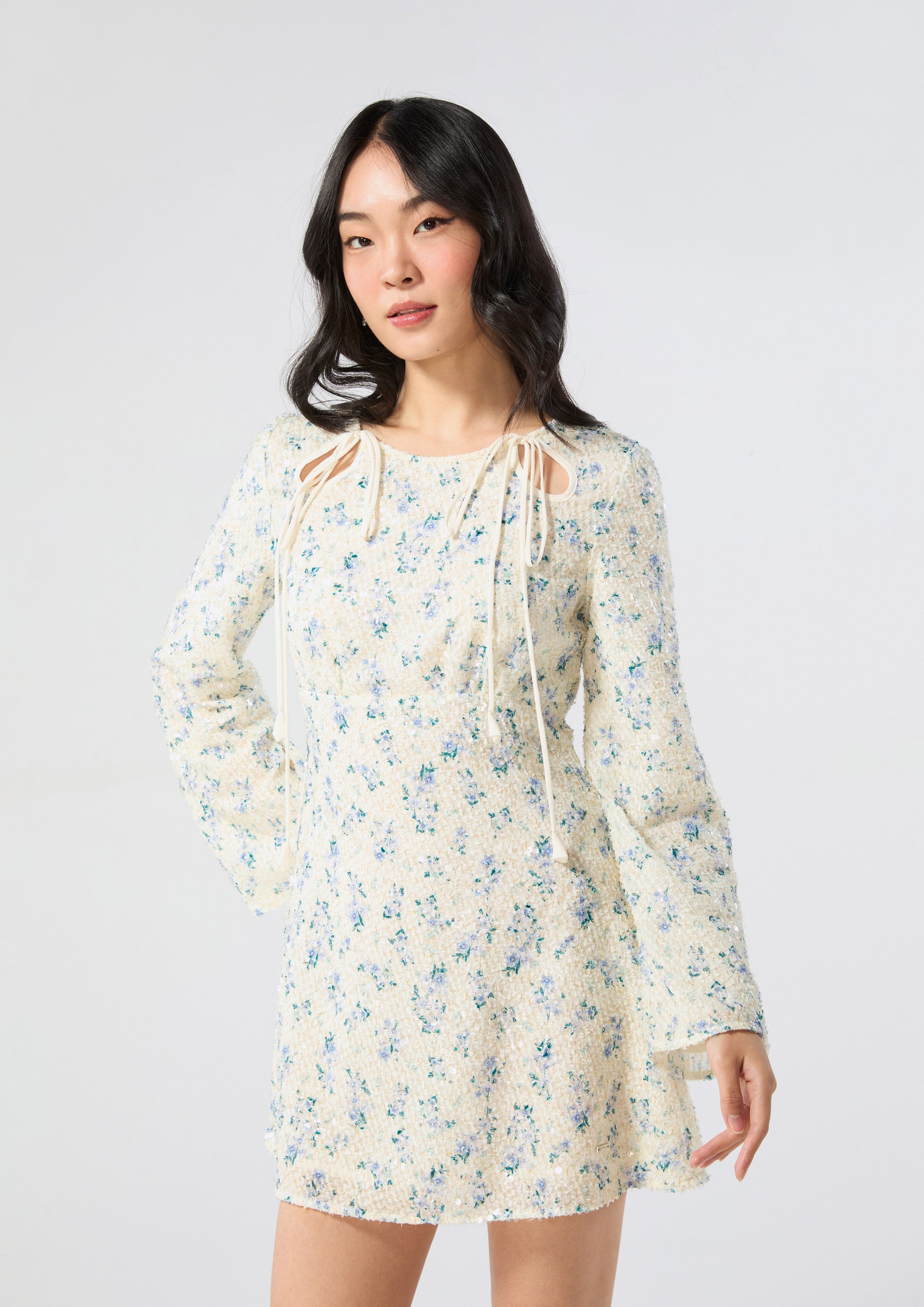 Sequin Floral Long Sleeve Mini Dress Bloom Affair
