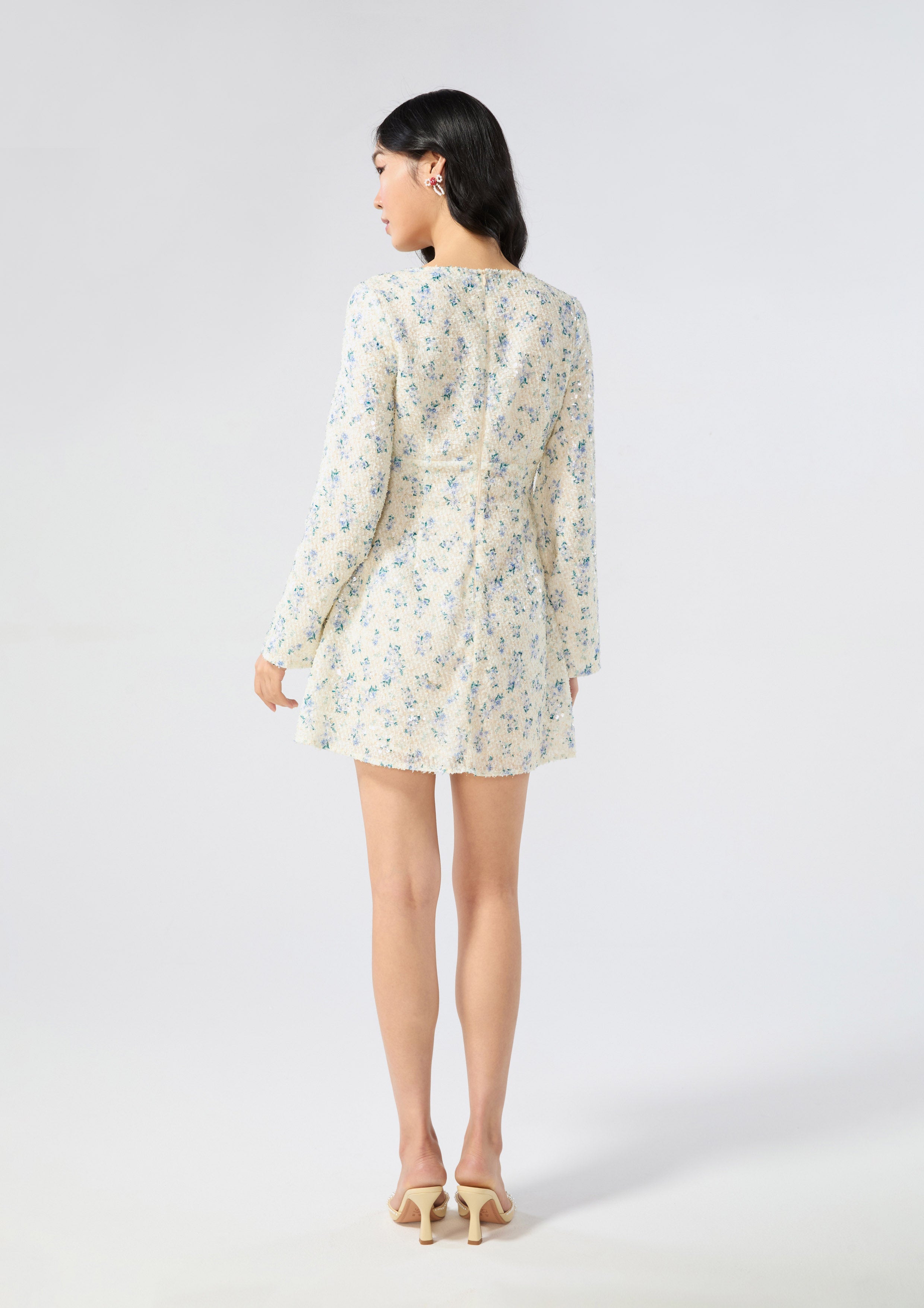 Sequin Floral Long Sleeve Mini Dress Bloom Affair