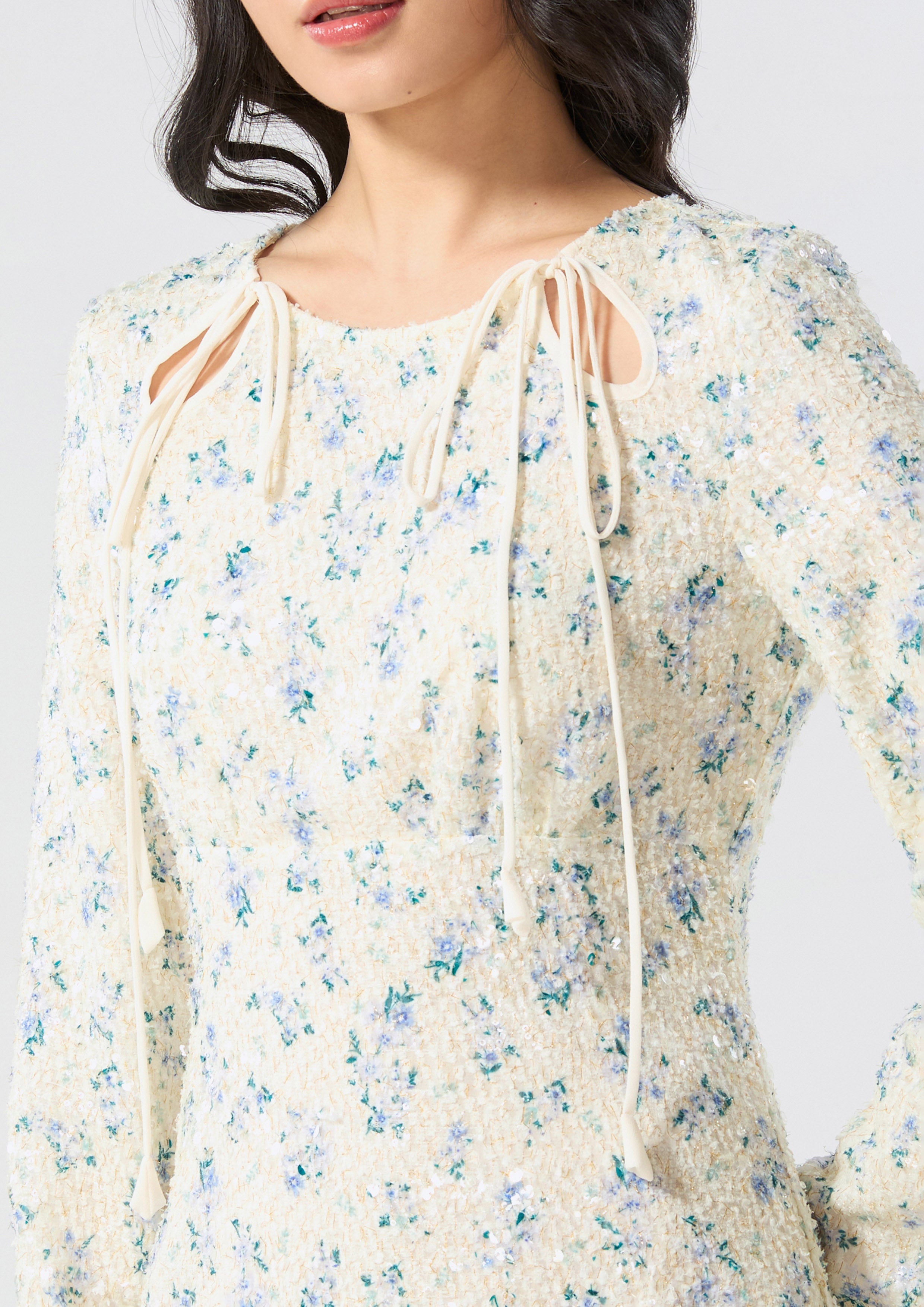 Sequin Floral Long Sleeve Mini Dress Bloom Affair