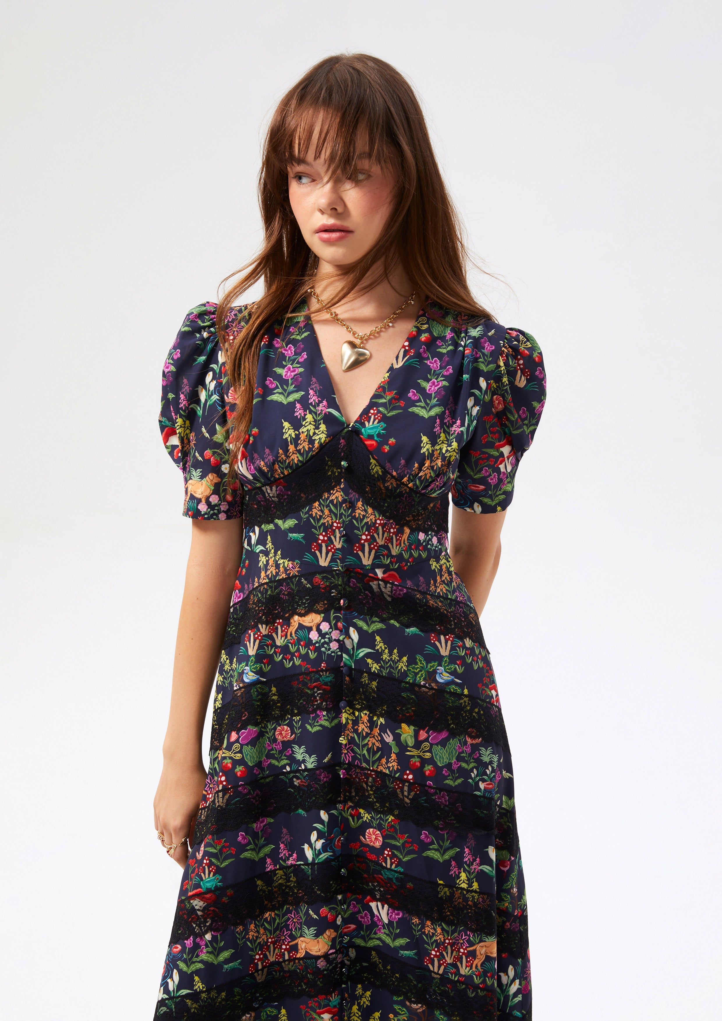 Floral Lace Trim Puff Sleeve Dress Bloom Affair