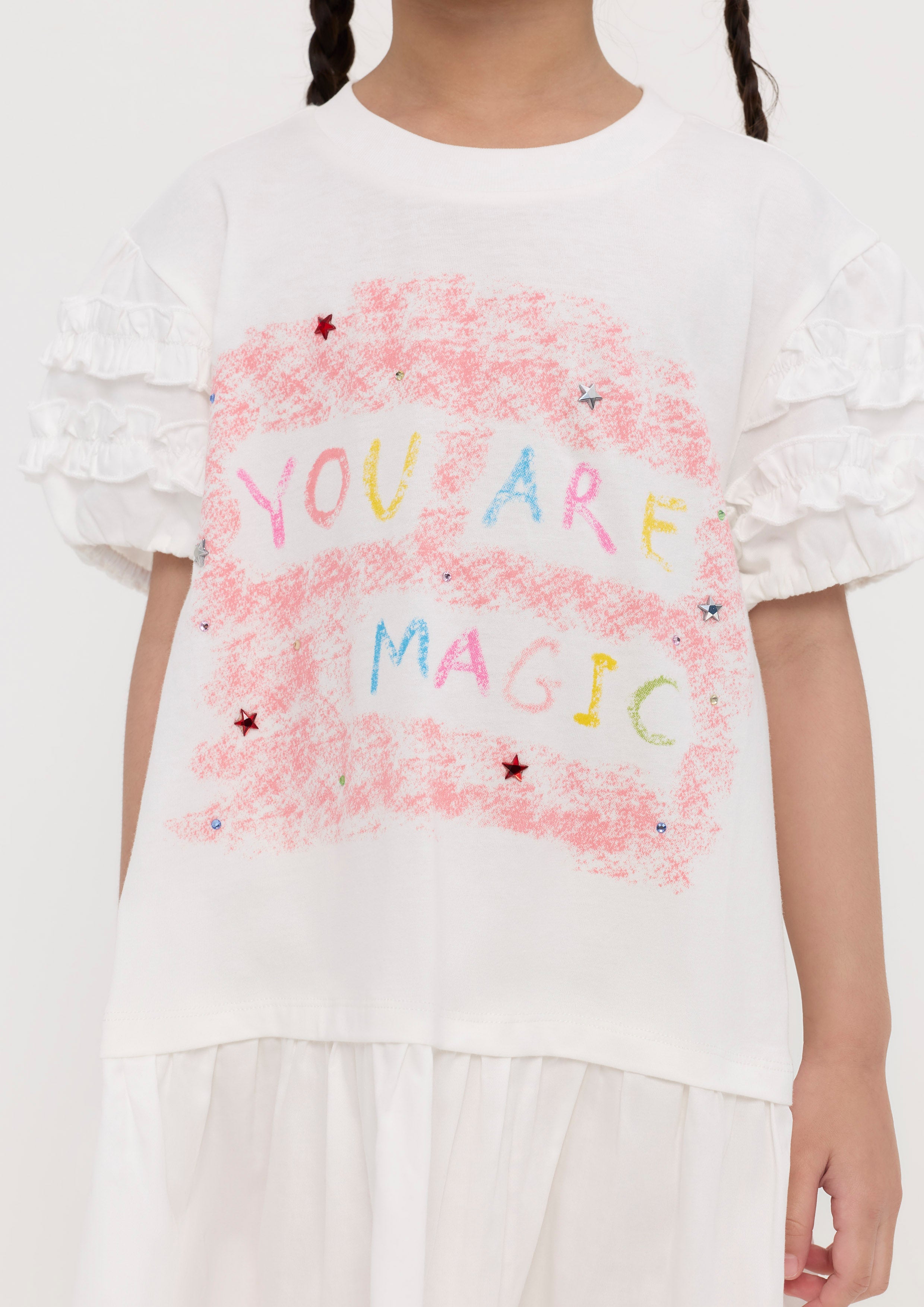 เดรสสั้นพิมพ์ลายแขนเสื้อสั้นแต่งระบาย สำหรับเด็กผู้หญิง คอลเลกชัน You Are Magic