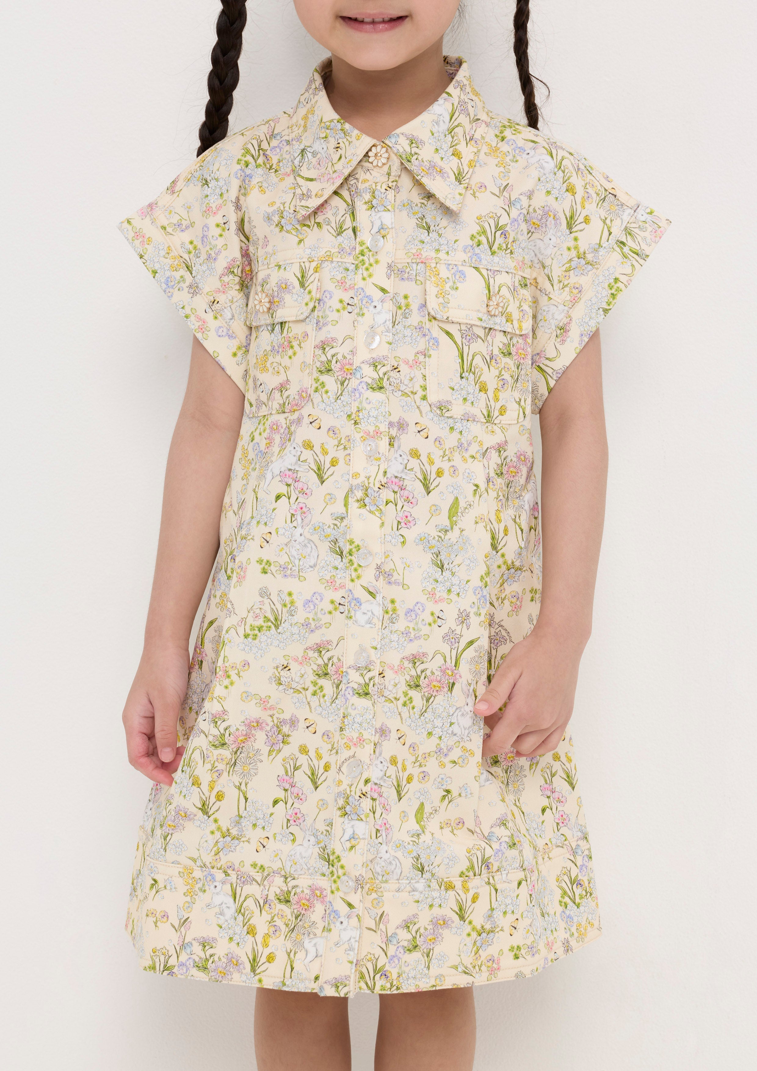 Floral Print Button Mini Dress For Mini Girl Garden Poetry