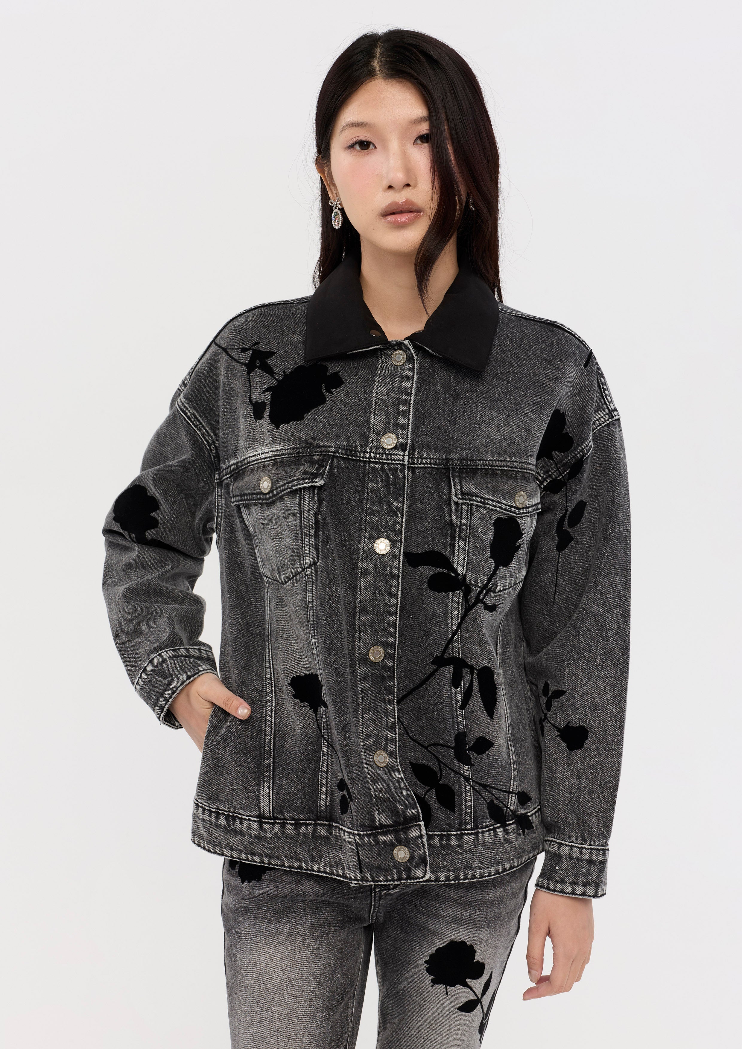 Rose Print Faded Denim Jacket Bloom in Shade & Shadow