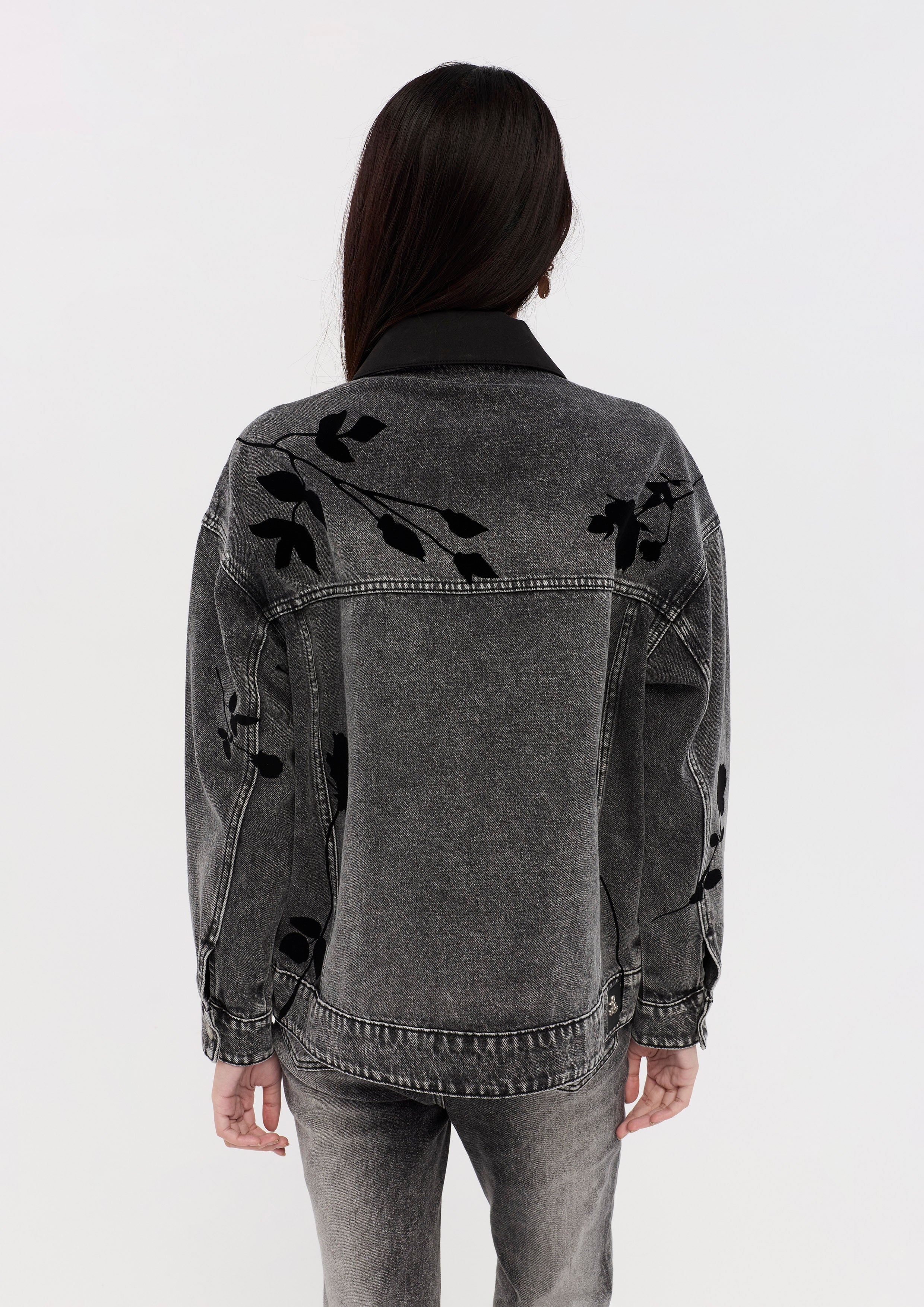 Rose Print Faded Denim Jacket Bloom in Shade & Shadow