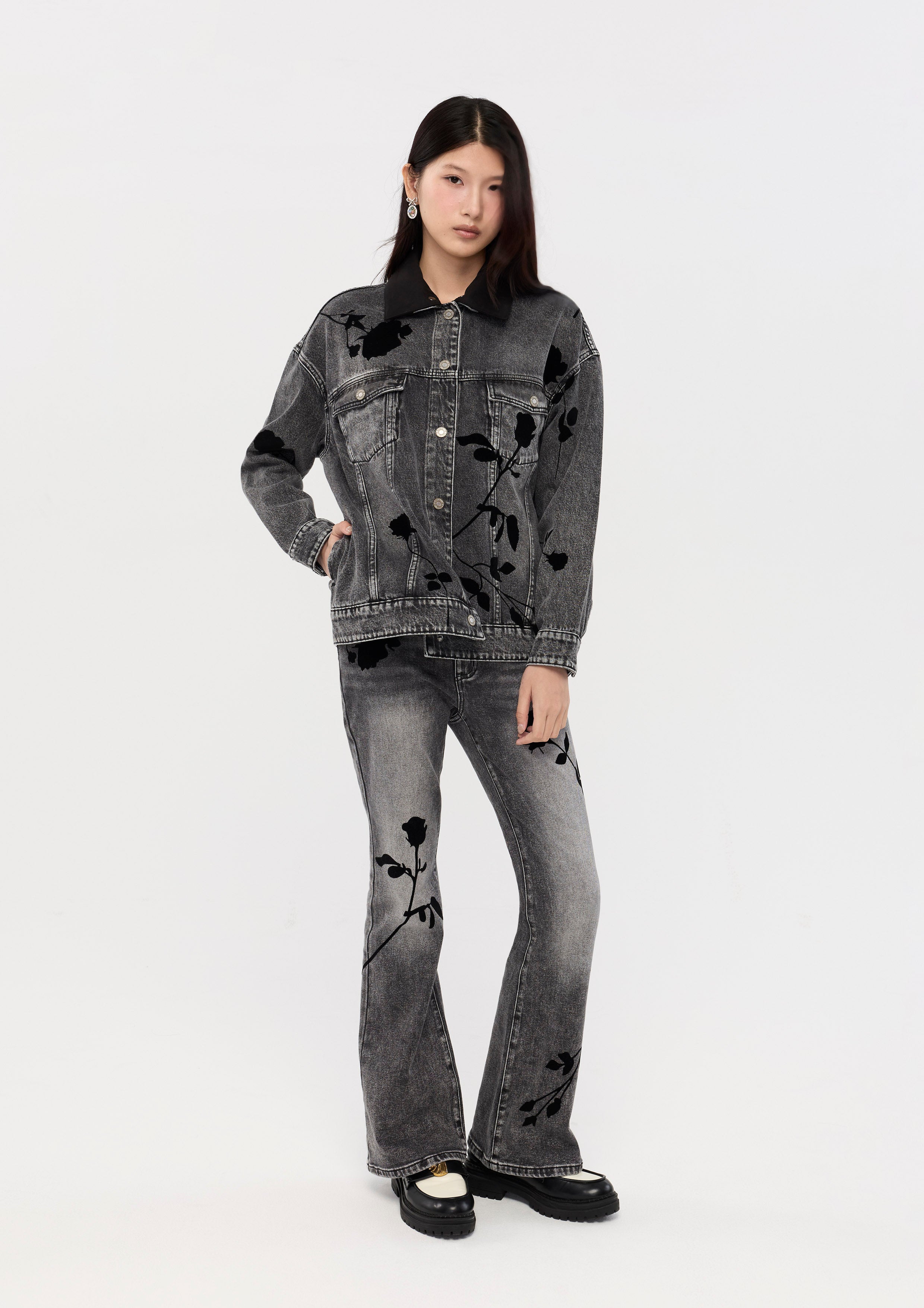 Rose Print Faded Denim Jacket Bloom in Shade & Shadow