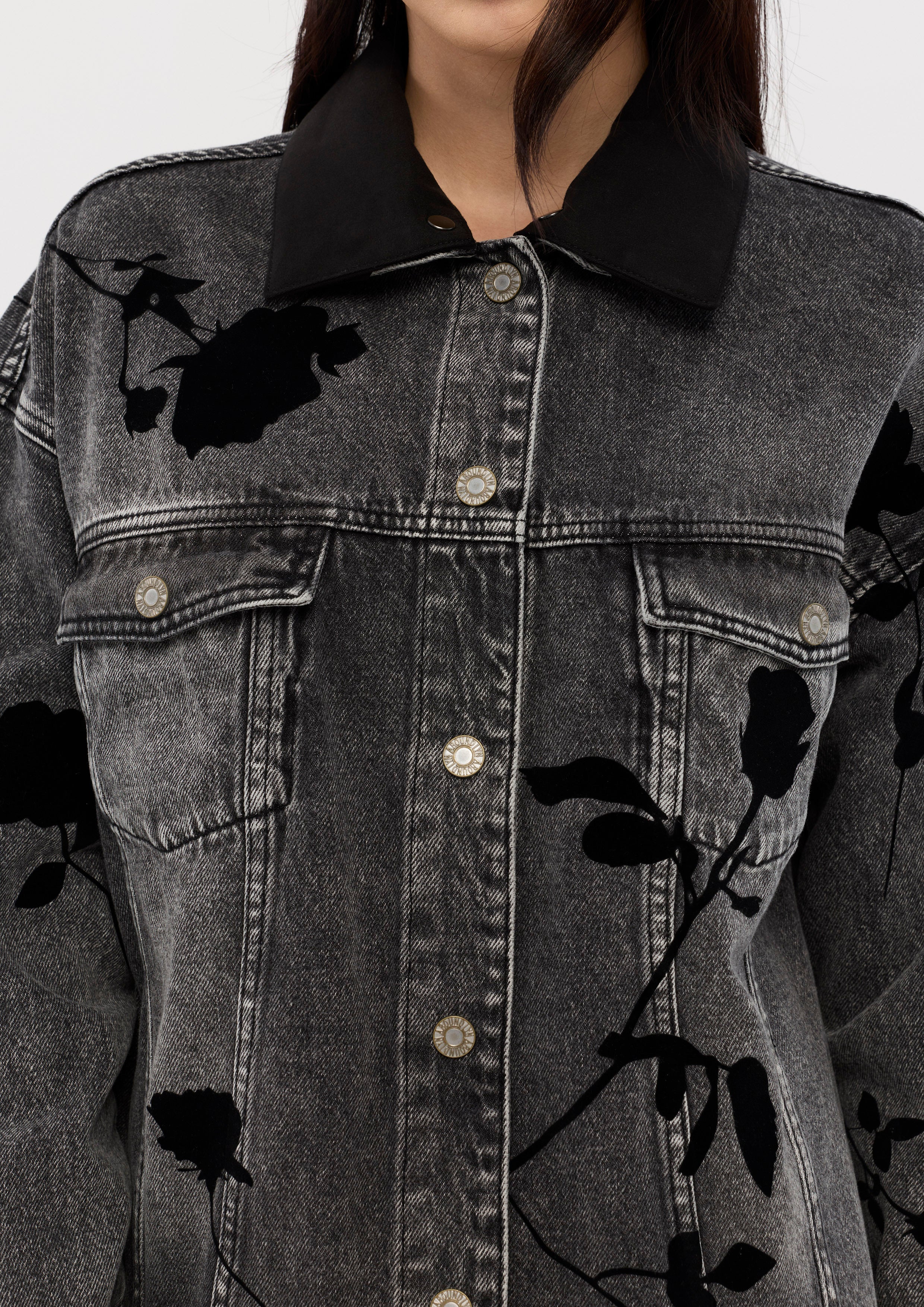 Rose Print Faded Denim Jacket Bloom in Shade & Shadow