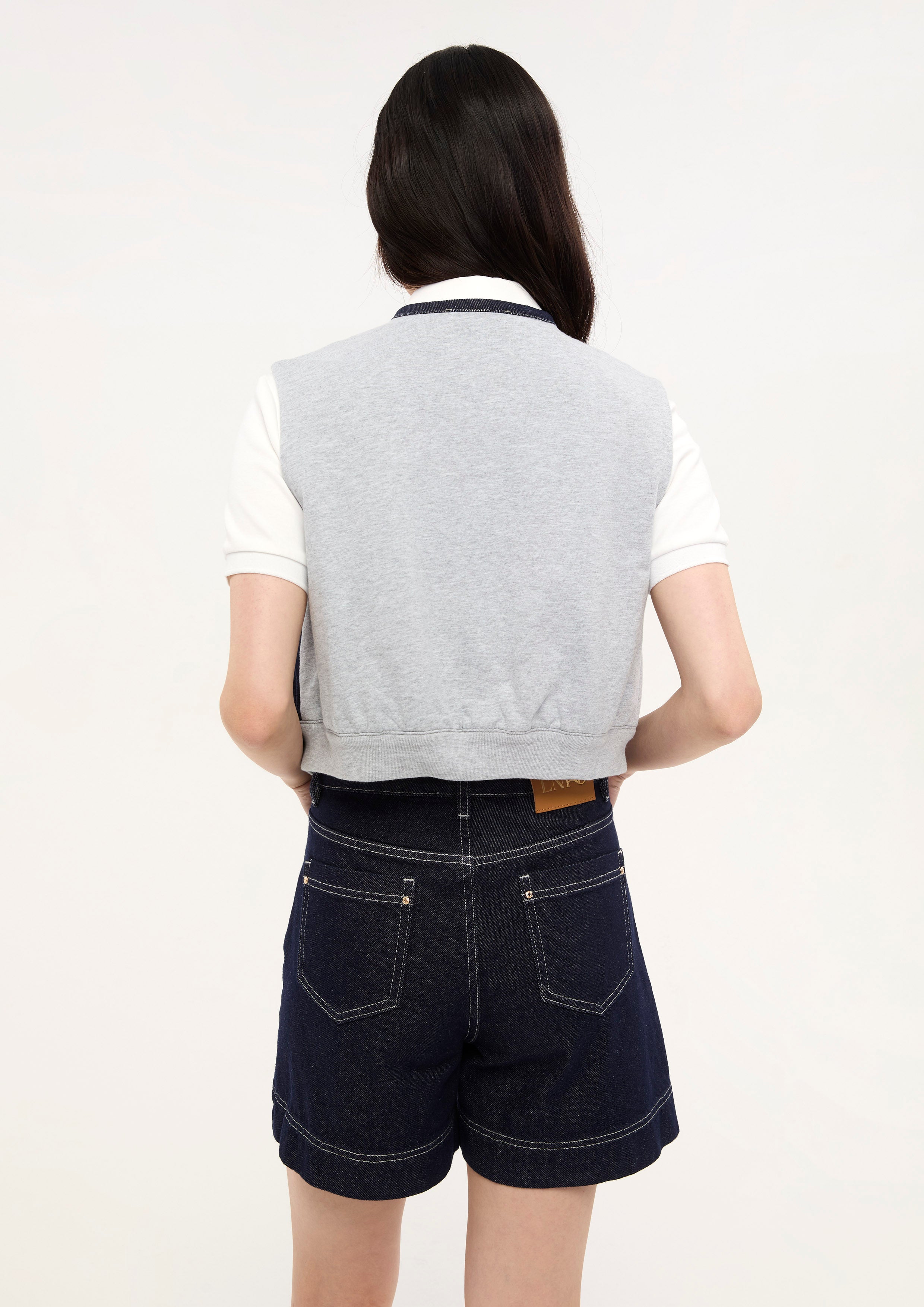 เสื้อกั๊กเดนิมแต่งผ้าพาแนล คอลเลกชัน Basic Denim
