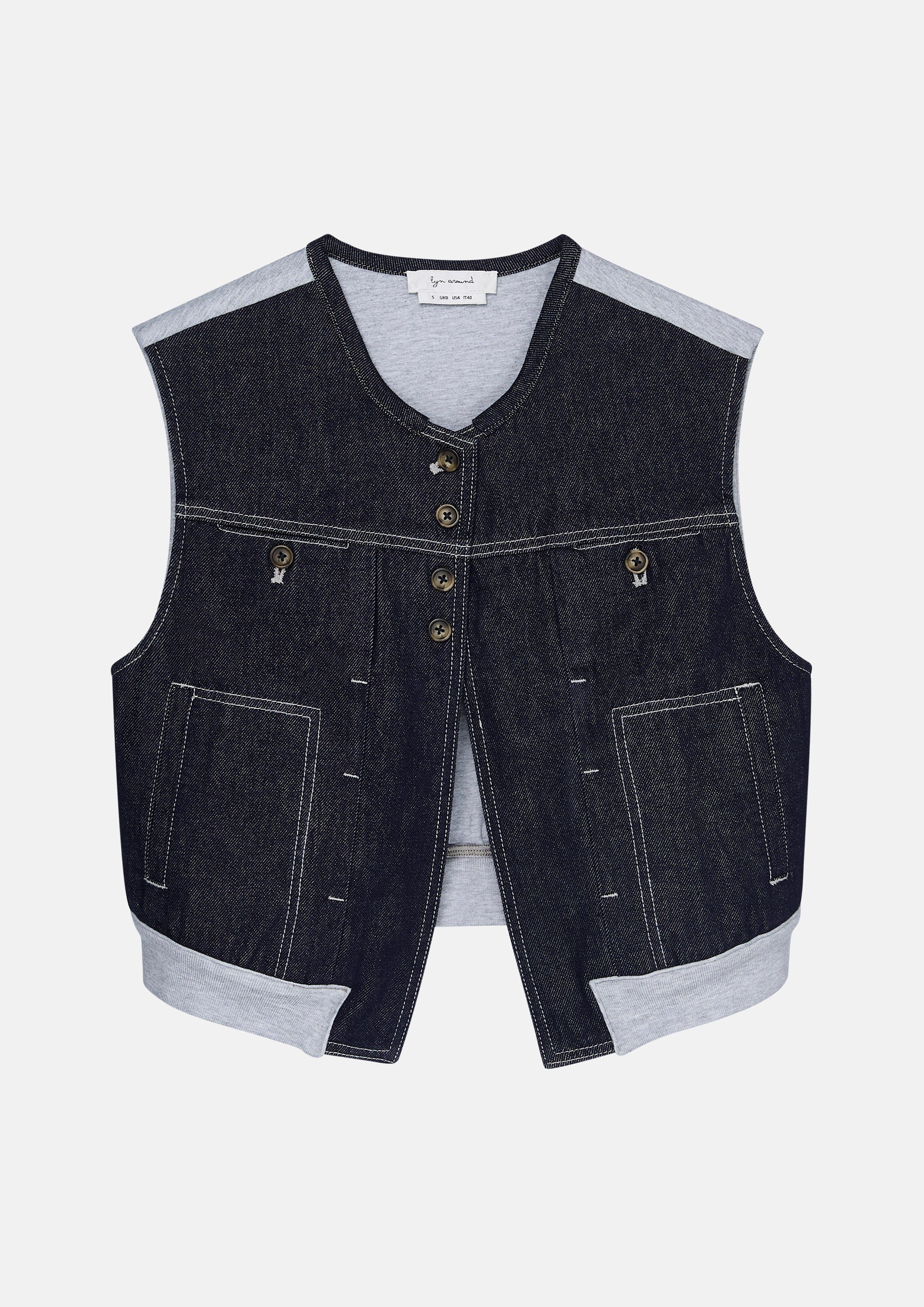 เสื้อกั๊กเดนิมแต่งผ้าพาแนล คอลเลกชัน Basic Denim