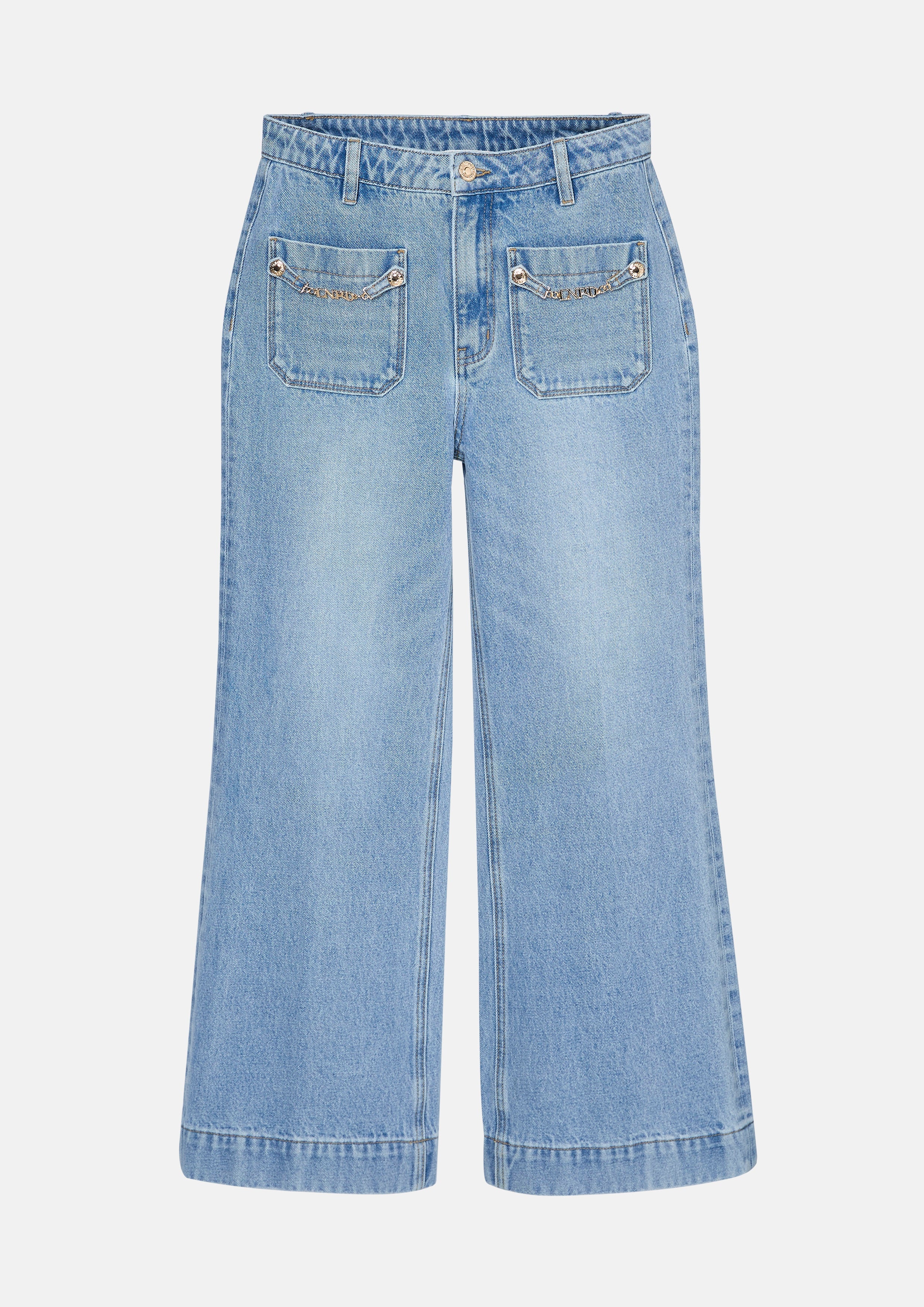 กางเกงเดนิมขายาวทรงขากว้างแต่งโลโก้ฮาร์ดแวร์โลหะ คอลเลกชัน Basic Denim