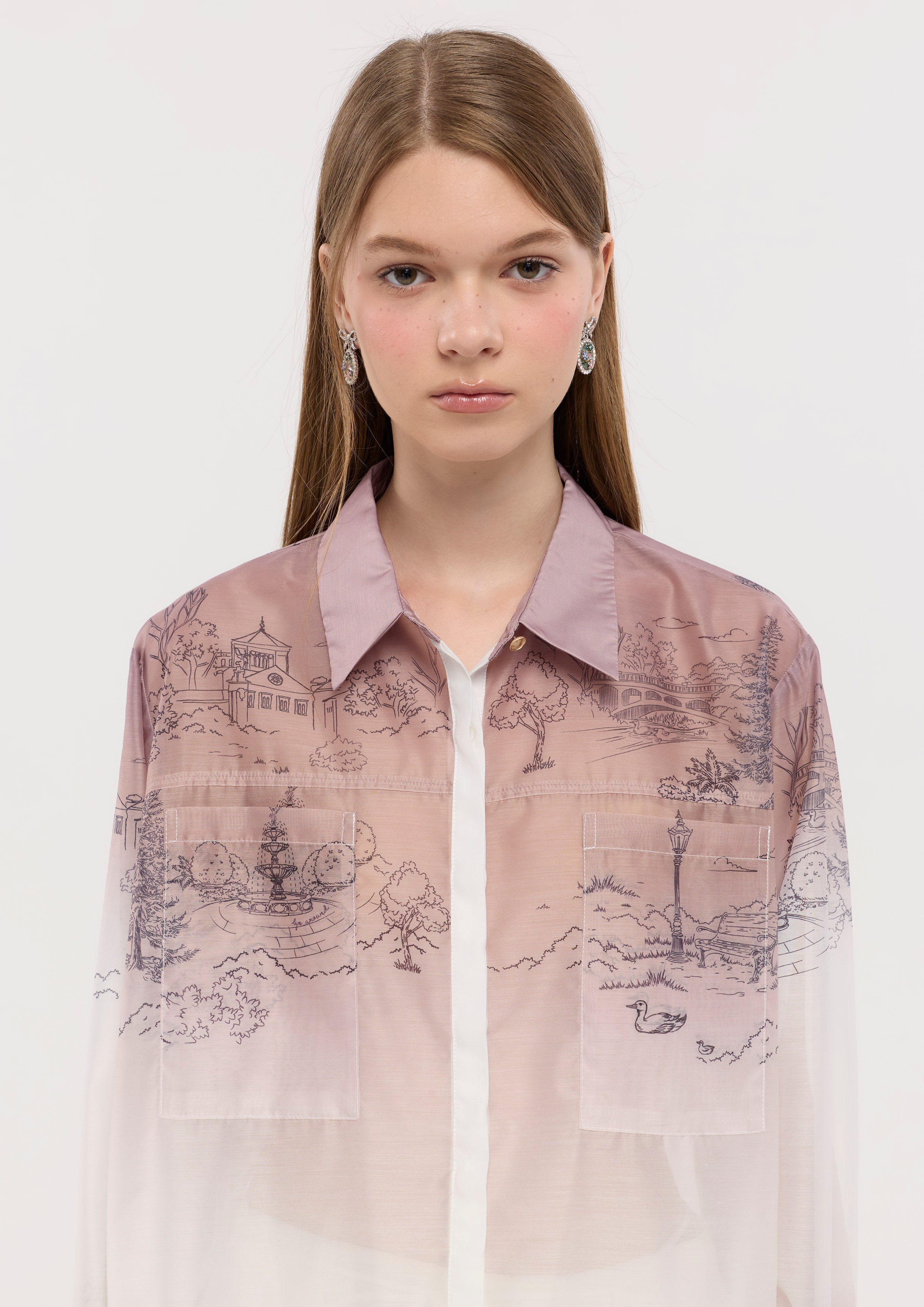 Print Sheer Long Sleeve Shirt La Femme Demure
