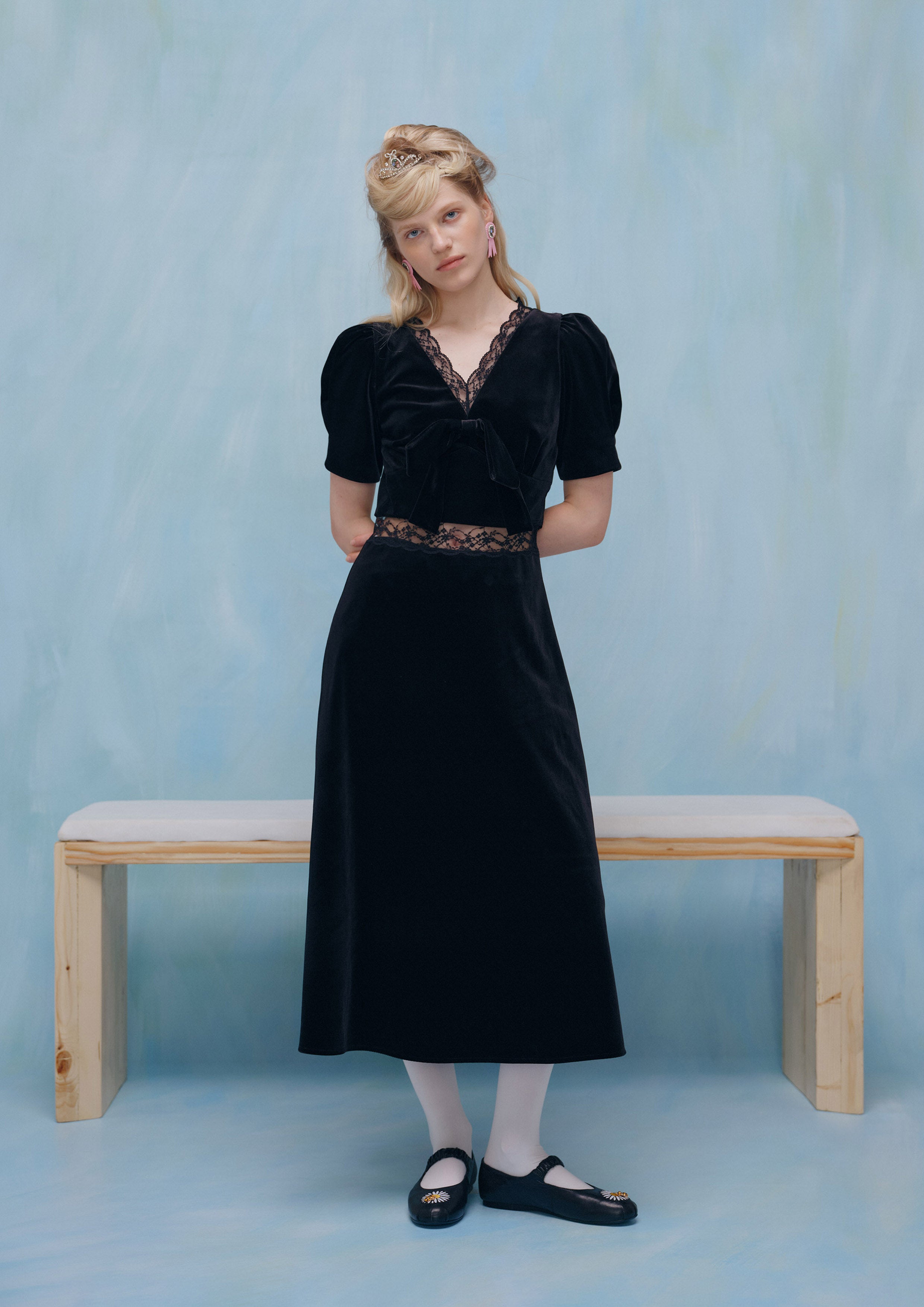 Lace Trim Velvet Midi Dress La Femme Demure