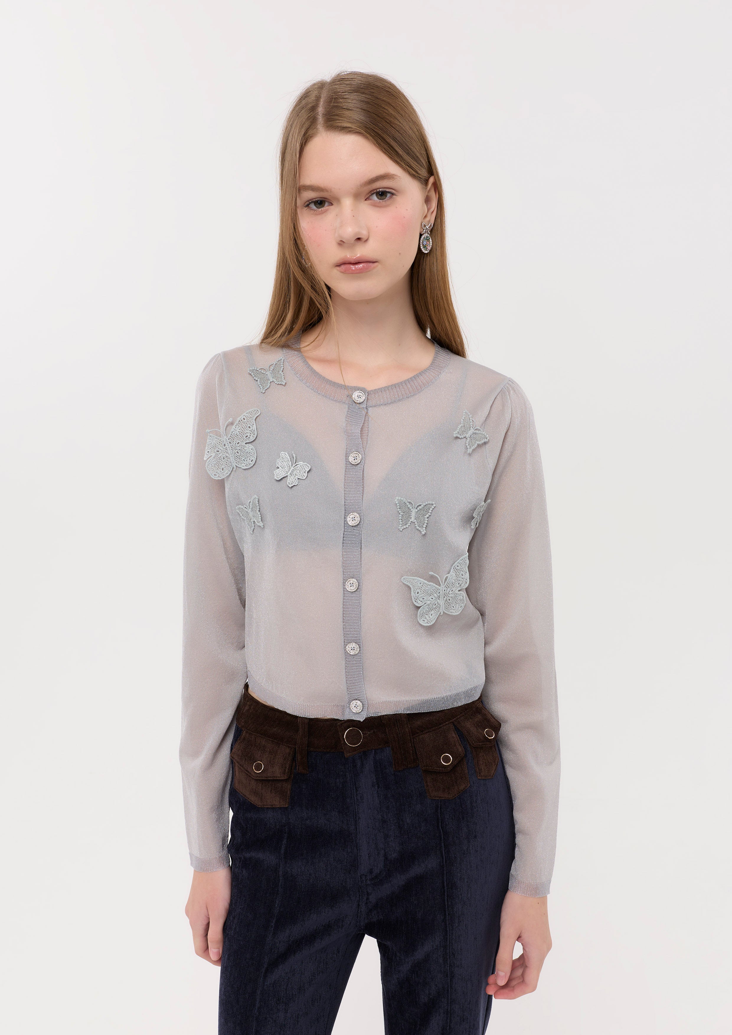 เสื้อคาร์ดิแกนผ้าเชียร์แขนยาวแต่งแอพพลิเก้ผีเสื้อ คอลเลกชัน Sweet Nothing