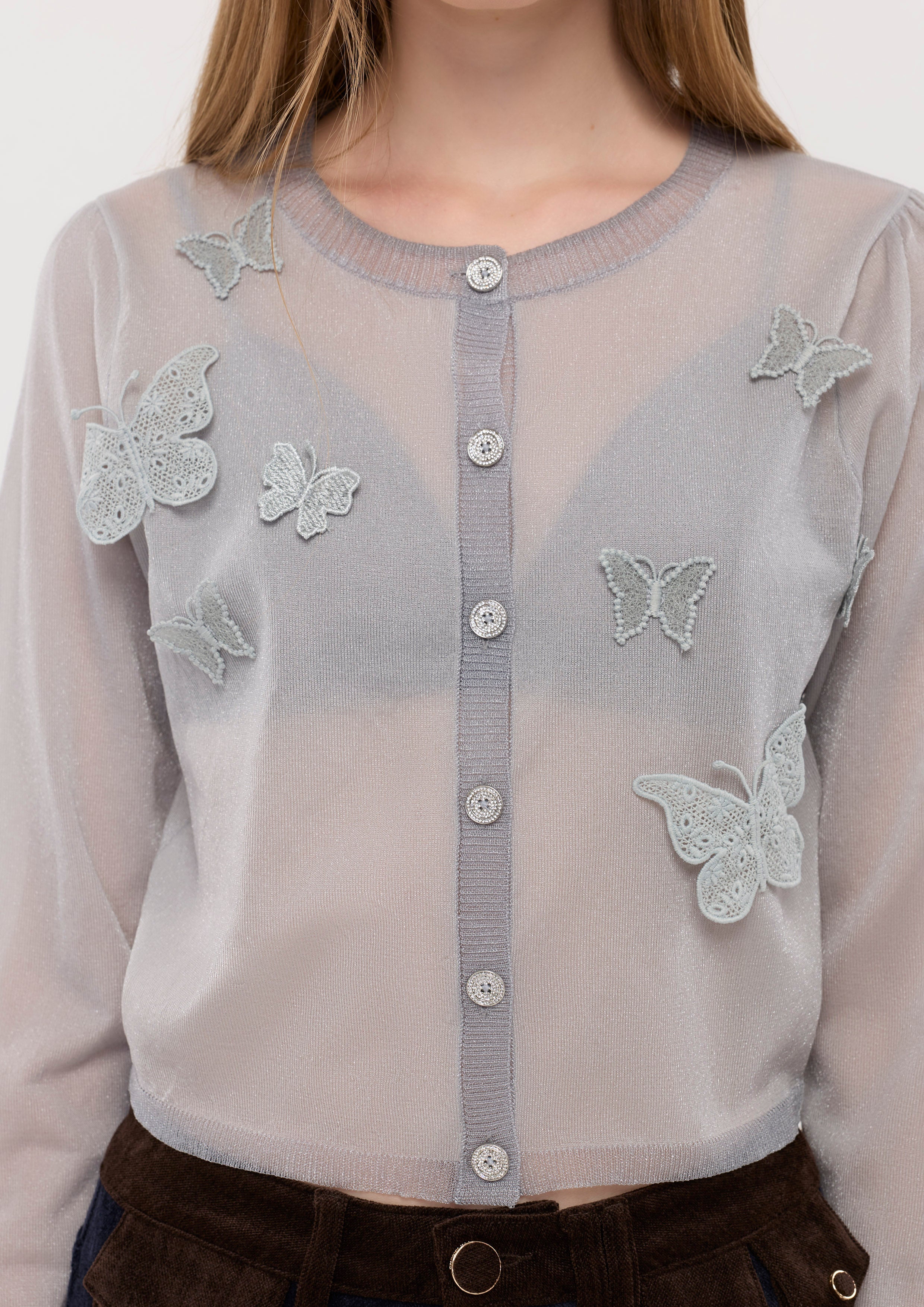 เสื้อคาร์ดิแกนผ้าเชียร์แขนยาวแต่งแอพพลิเก้ผีเสื้อ คอลเลกชัน Sweet Nothing