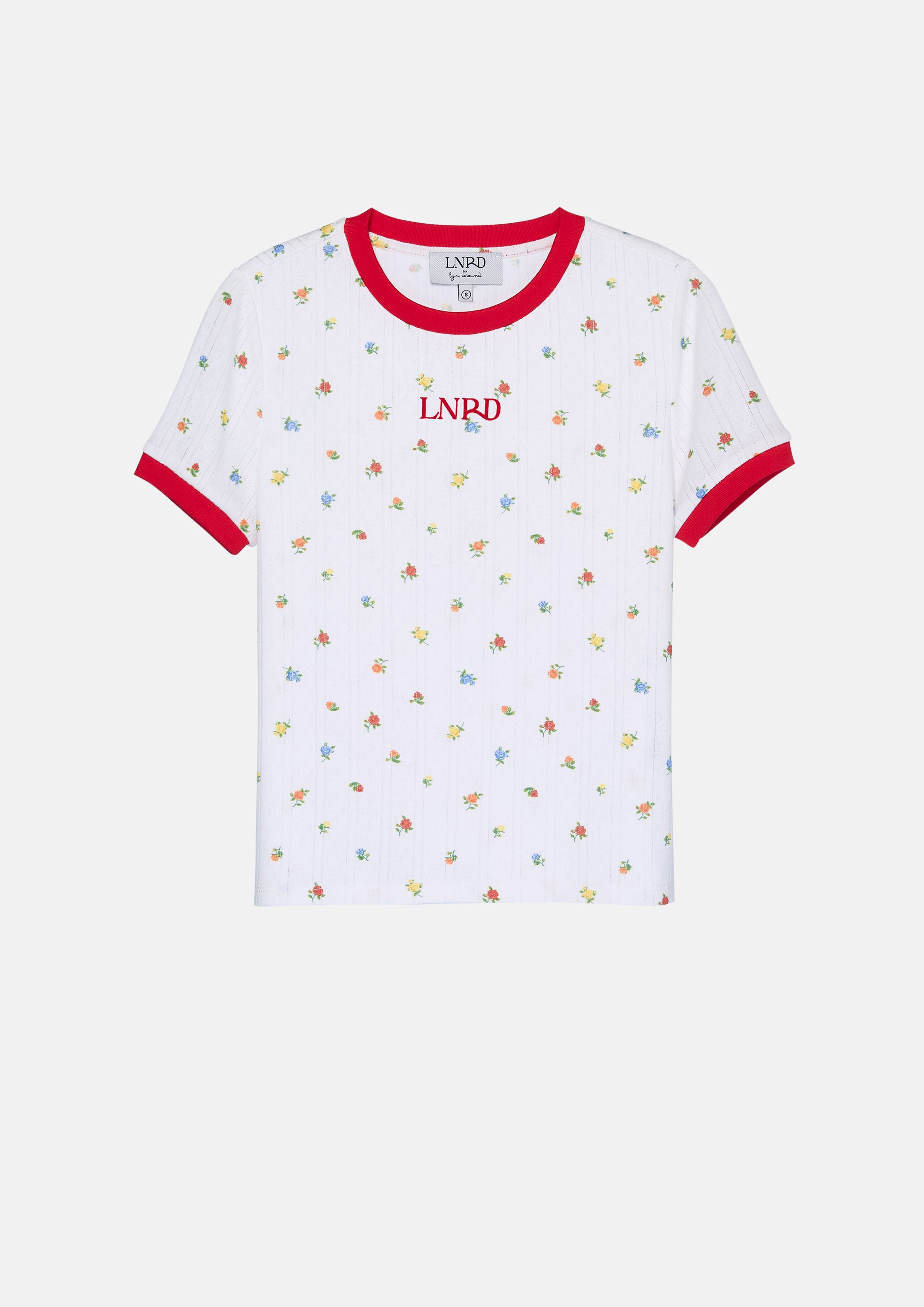 เสื้อยืดแขนสั้นปักโลโก้แต่งลายดอกไม้ คอลเลกชัน LNRD Signature