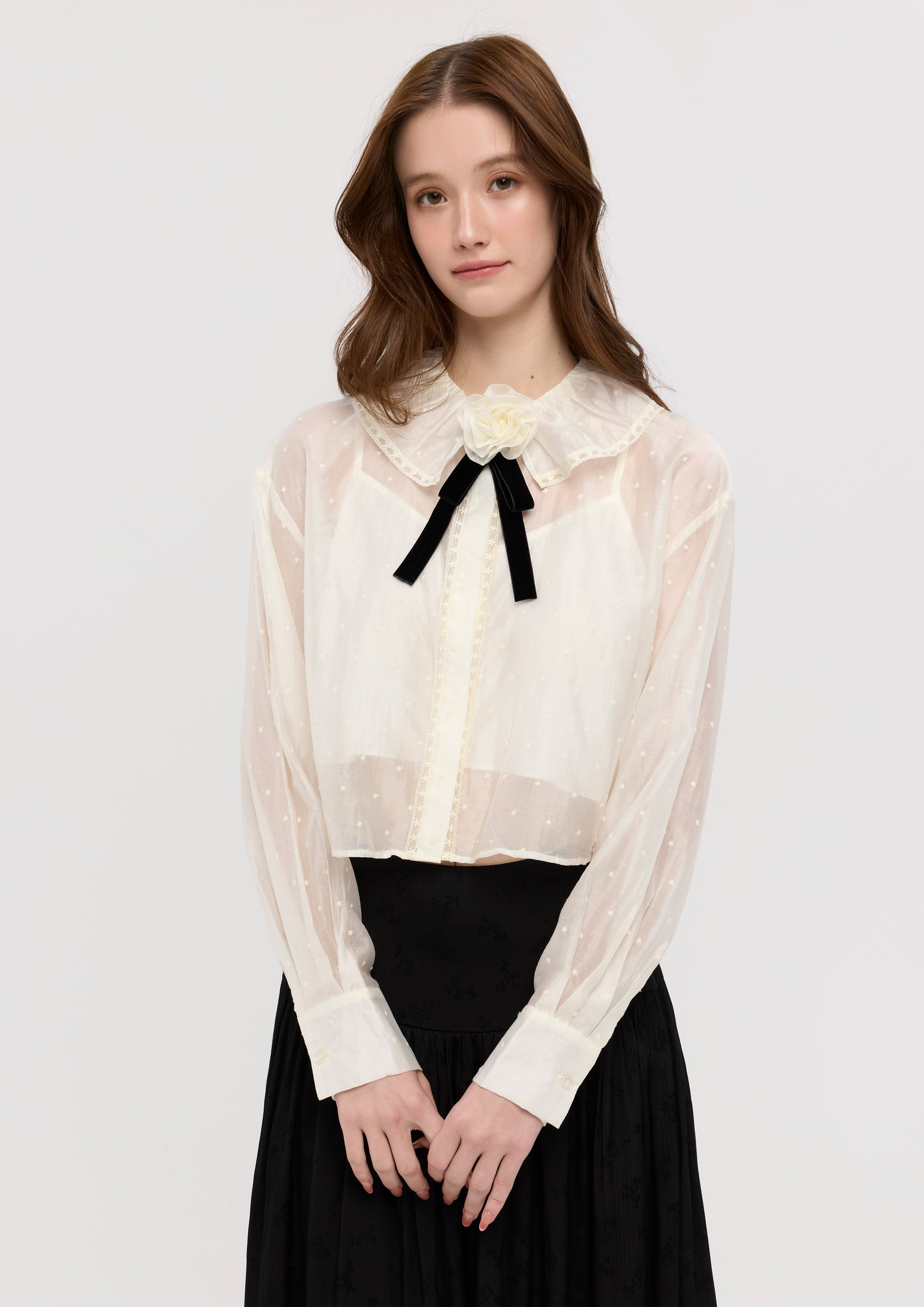 Rose Applique Sheer Shirt Garden Poetry