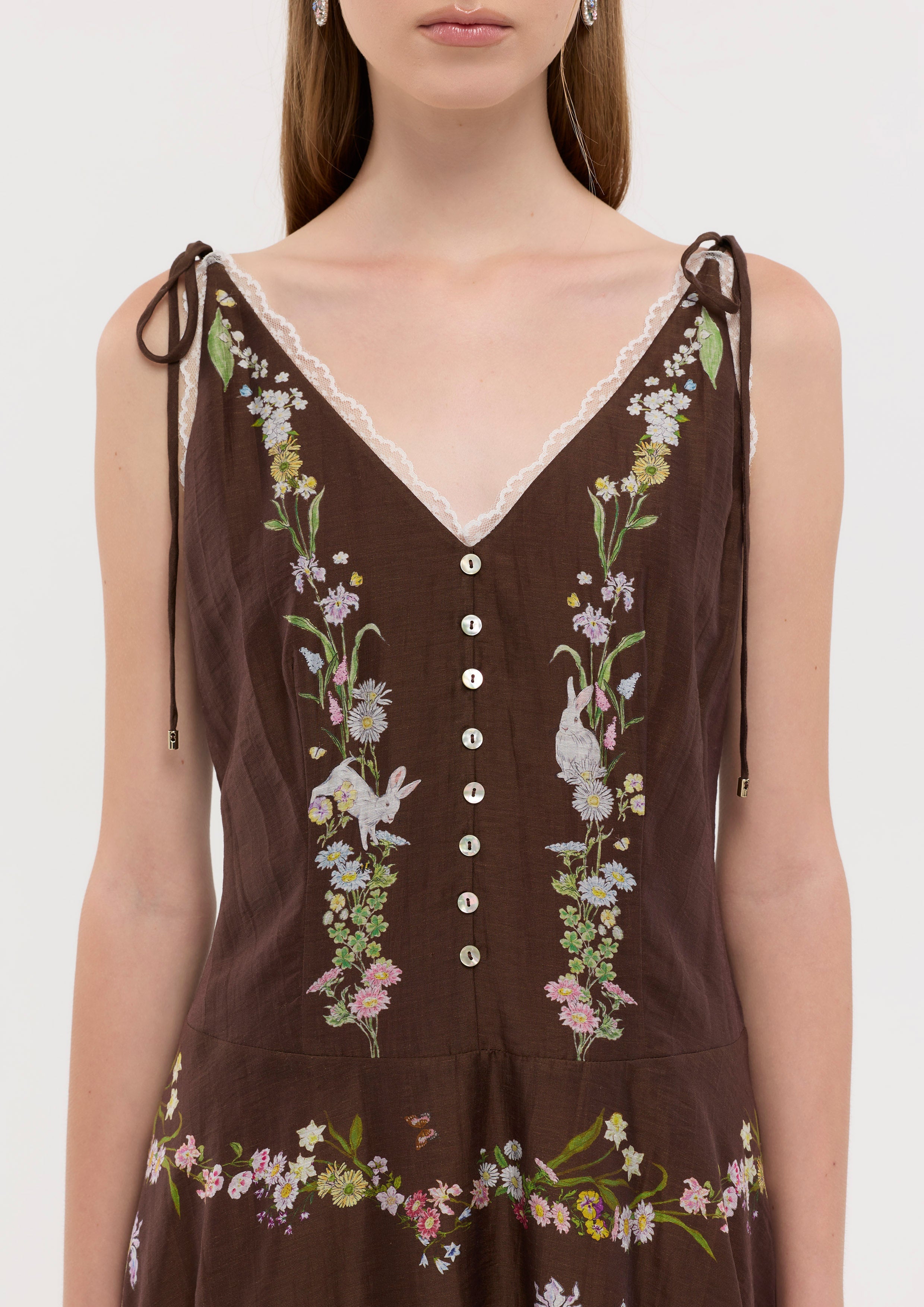เดรสสั้นพิมพ์ลายสายเสื้อผูกเชือก คอลเลกชัน Garden Poetry