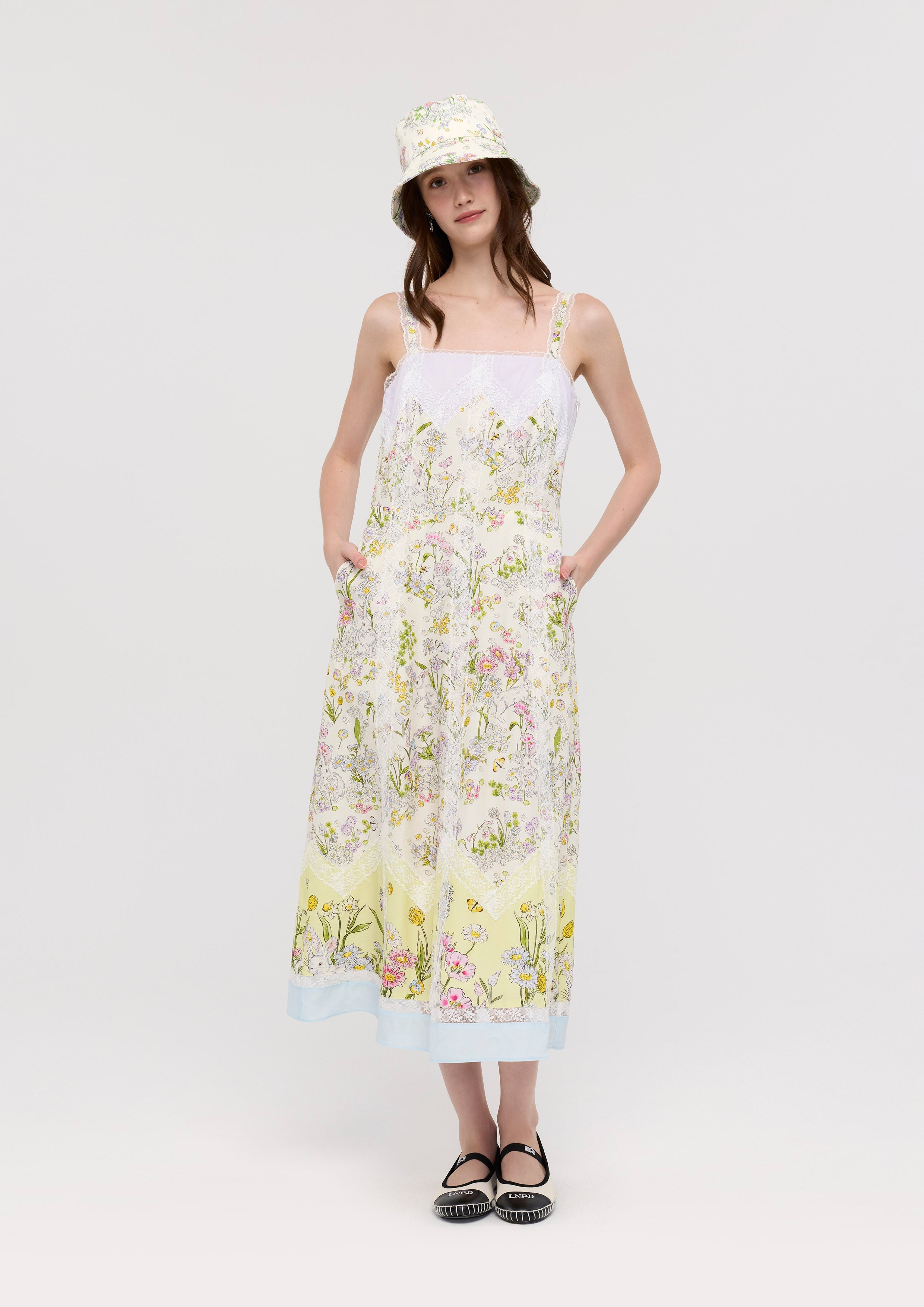 Print Lace Panel Midi Dress Garden Poetry