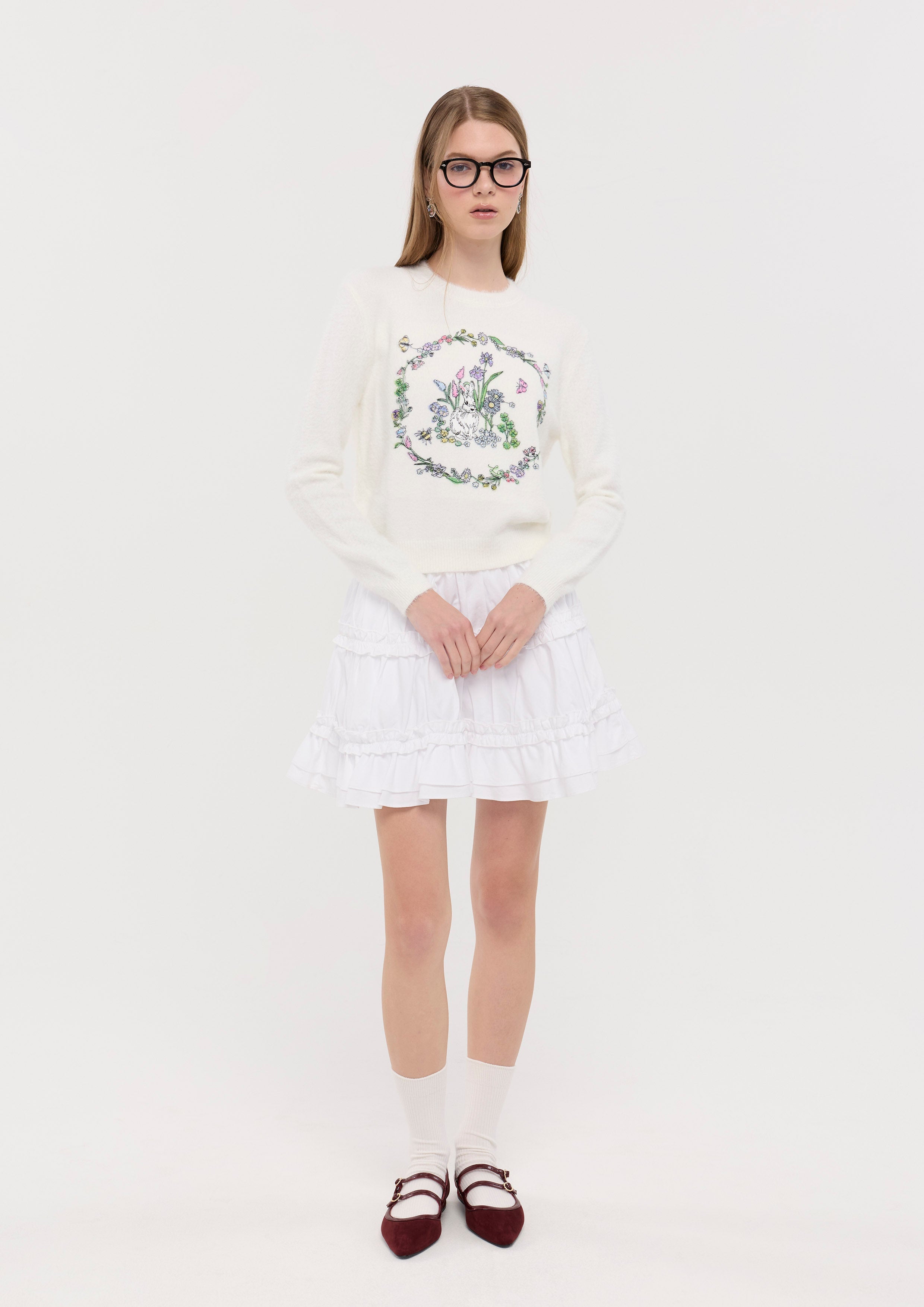 Embroidered Long Sleeve Knitted Pullover Garden Poetry
