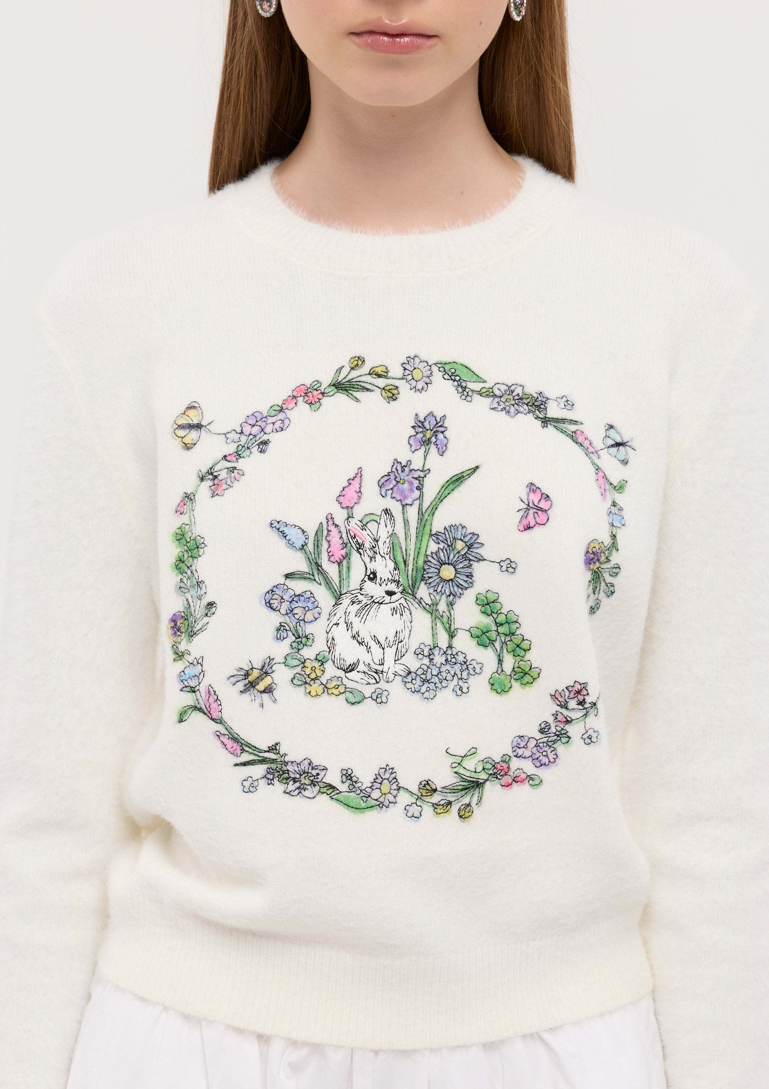 Embroidered Long Sleeve Knitted Pullover Garden Poetry