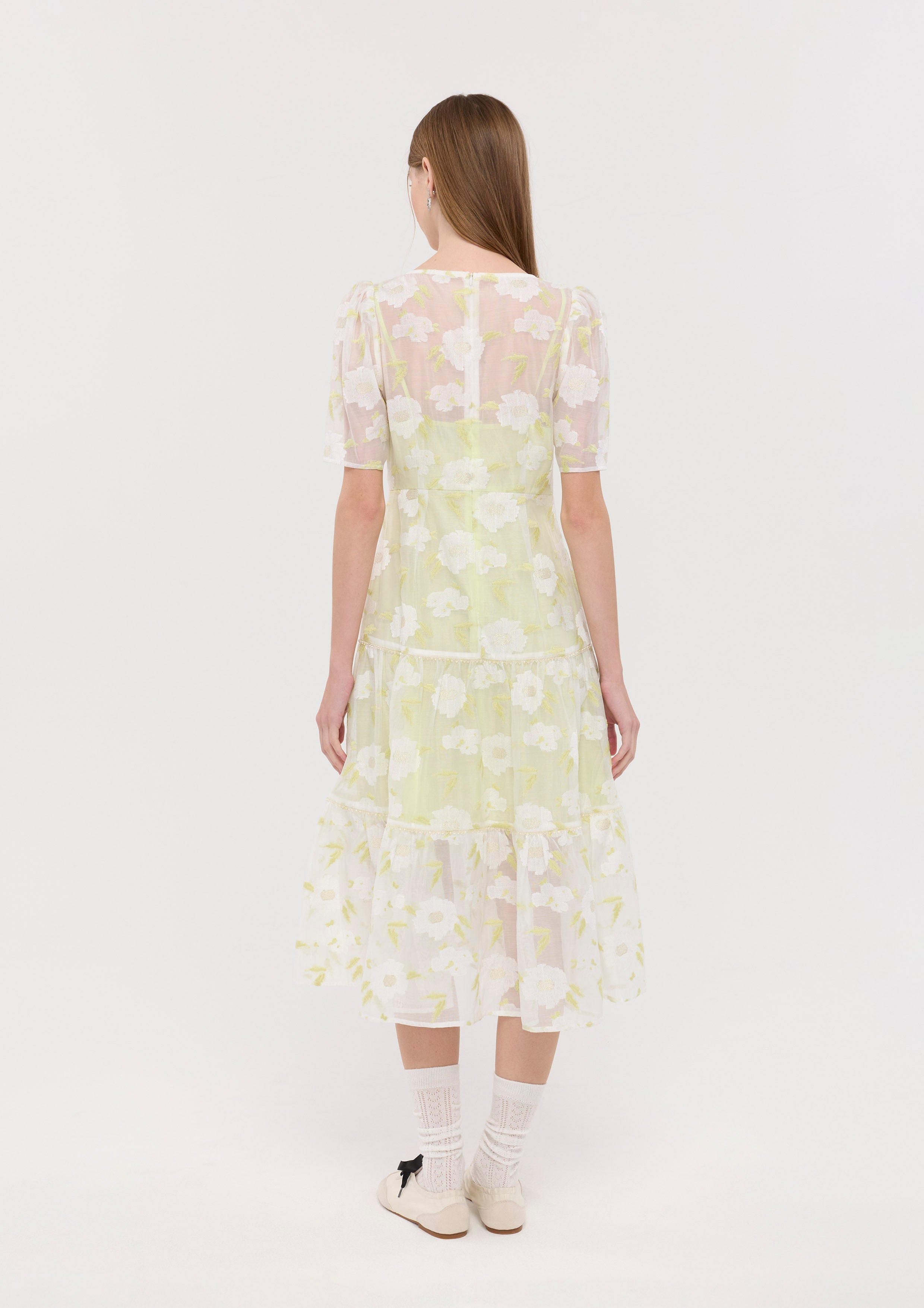 Sheer Floral Tiered Skirt Midi Dress Garden Poetry