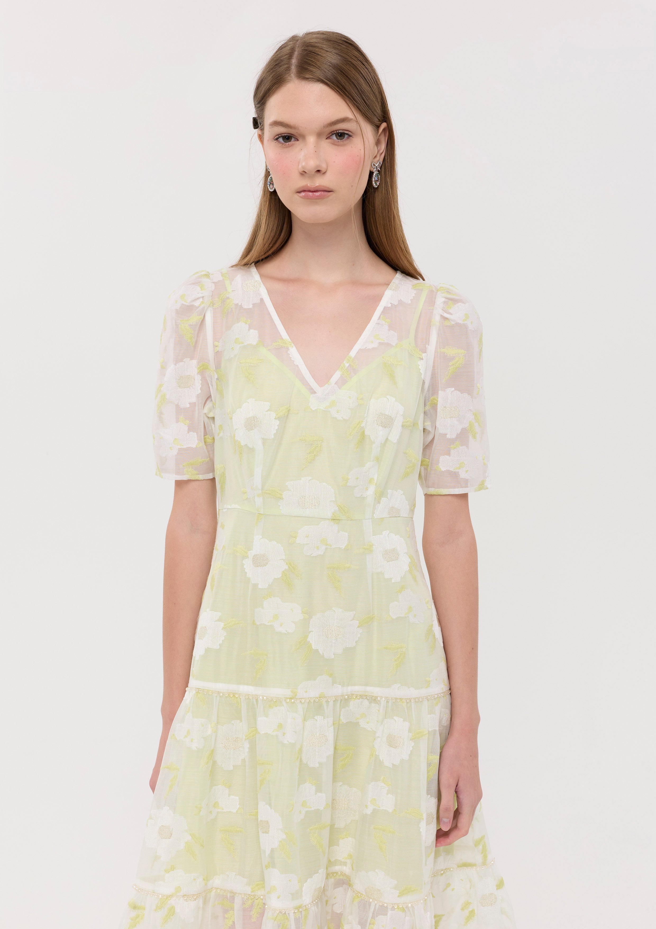 Sheer Floral Tiered Skirt Midi Dress Garden Poetry