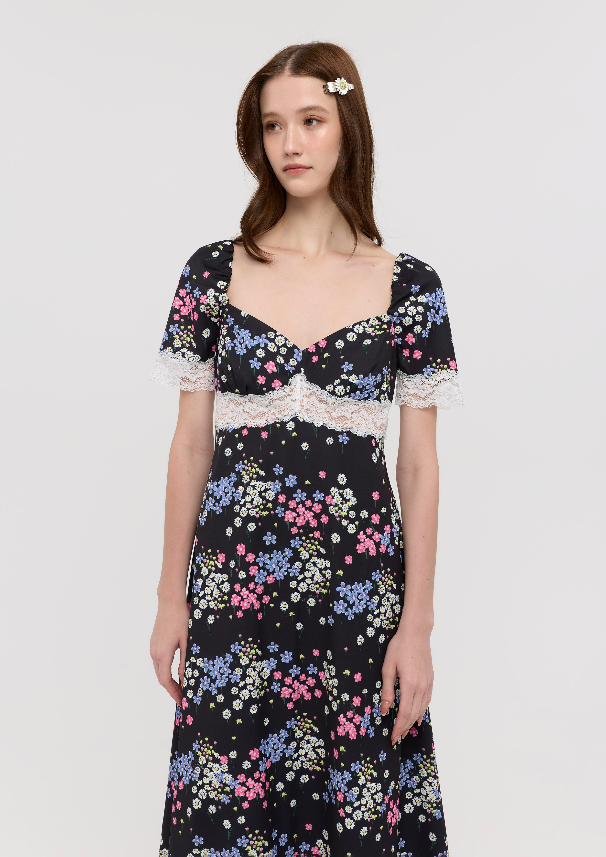 Floral Print Lace Panel Midi Dress Nomad's Grace