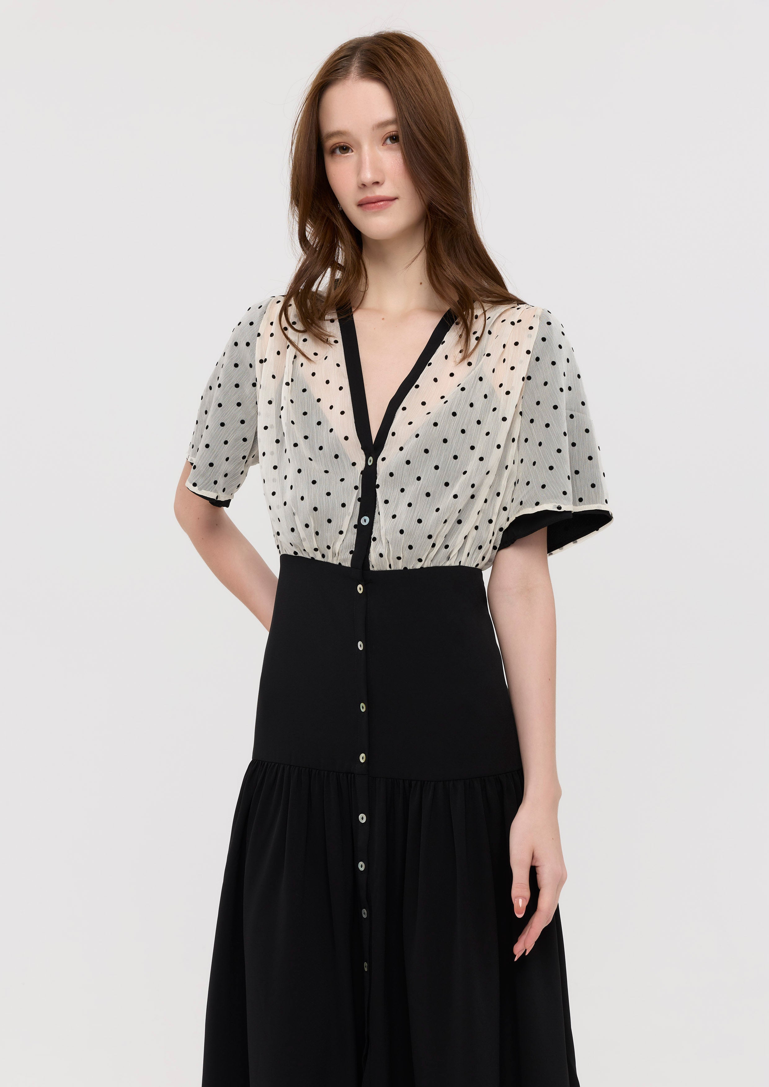 Polkadot Sheer Button Maxi Dress La Femme Demure